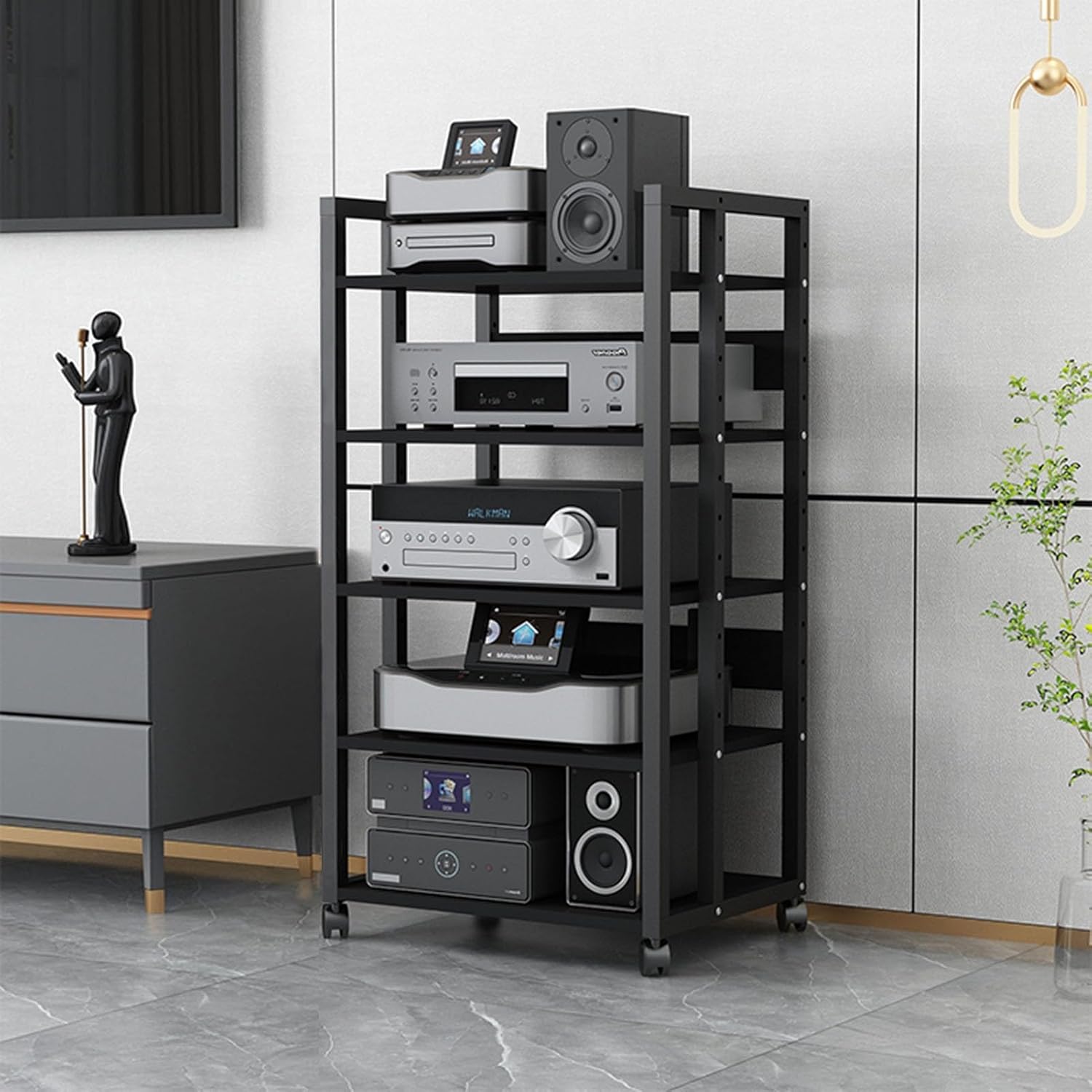 5 Tier Movable Media Storage Cabinet DVD CD Player Stand Stereo Rack Audio Video Component Media Stand with Height Adjustable Wooden Shelf for Home/Office/Theater