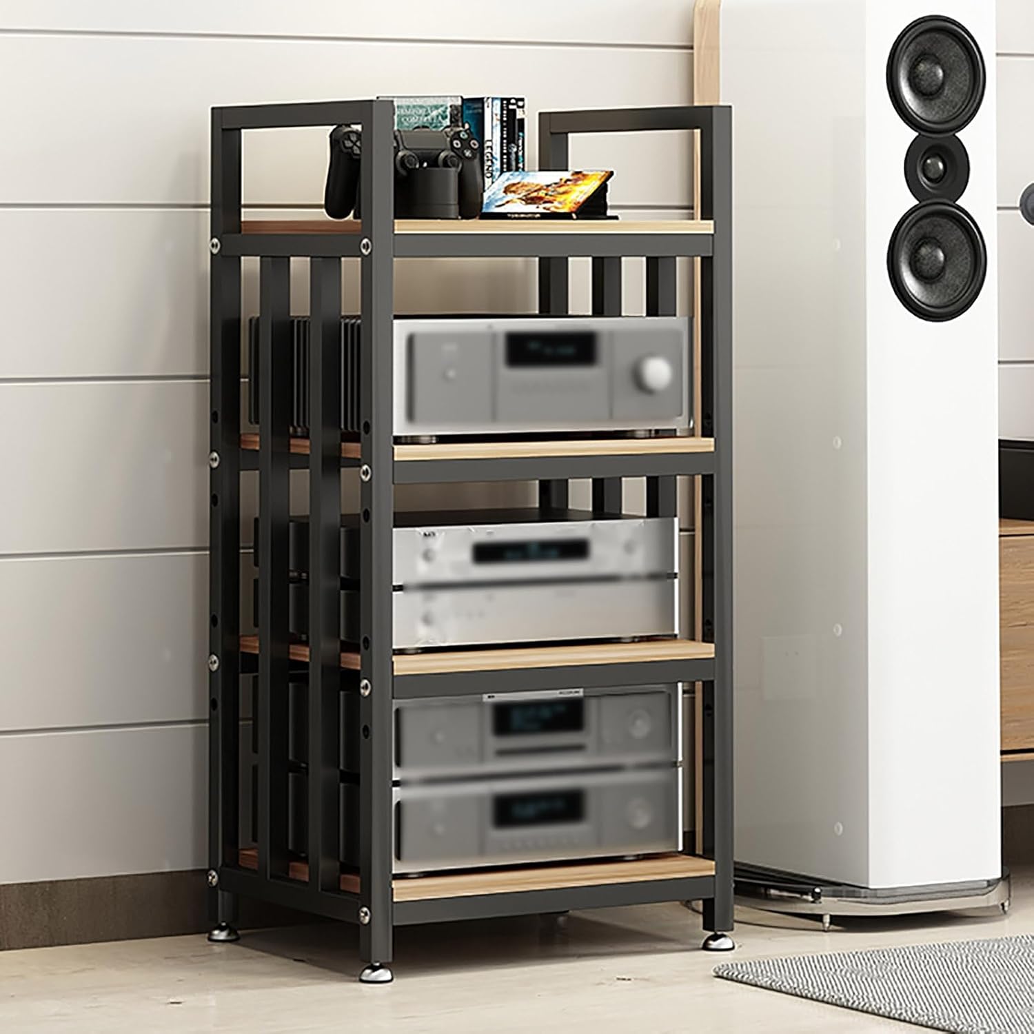 Sepsephiria 4-Tier AV Media Stand Shelf Audio Component Rack with Height Adjustable Entertainment Video Game Equipment Console Shelf Sturdy Steel Audio Rack for Home/Gaming/Office(Black+Light Walnut)