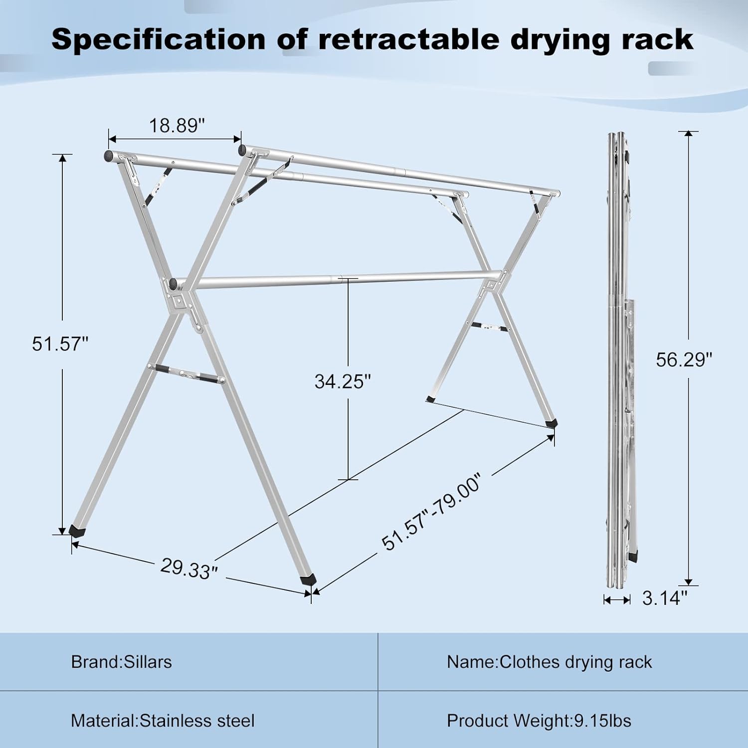 Sarahipe Sillars Clothes Drying Rack, 63 inches Laundry Drying Rack Clothing Foldable & Collapsible Stainless Steel Heavy Duty Clothing Drying Rack with Windproof Hooks for Indoor Outdoor