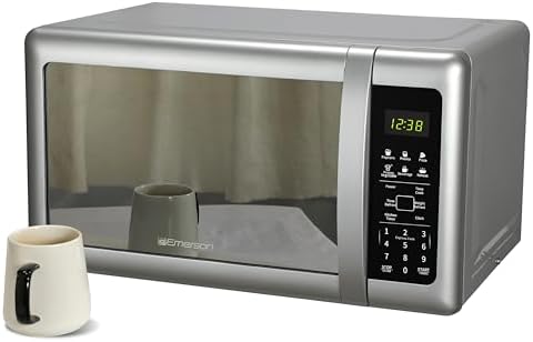 Emerson MW7601SL Countertop Microwave Oven with Sleek Mirrored Finish Glass Door, 700W, 10 Power Levels and 6 Pre-Programmed Settings with Child Safe Lock, 0.7. Cu. Ft., Silver