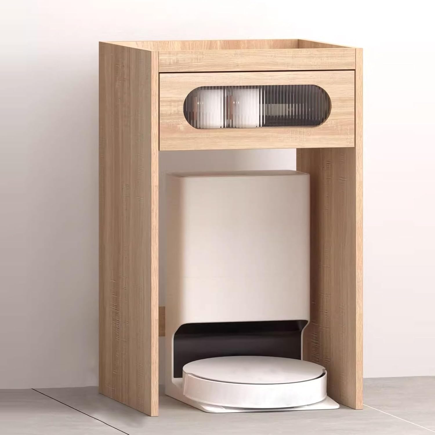 Coffee Bars Cabinet with Drawer Tall Robot Vacuum Hidden Cabinet Pull-Out Top Panel Top Antis-Fall Edge Design Multi-Functional Modern Vacuum Storage Stand 3 Colors(Natural,50 * 50 * 82.5cm)