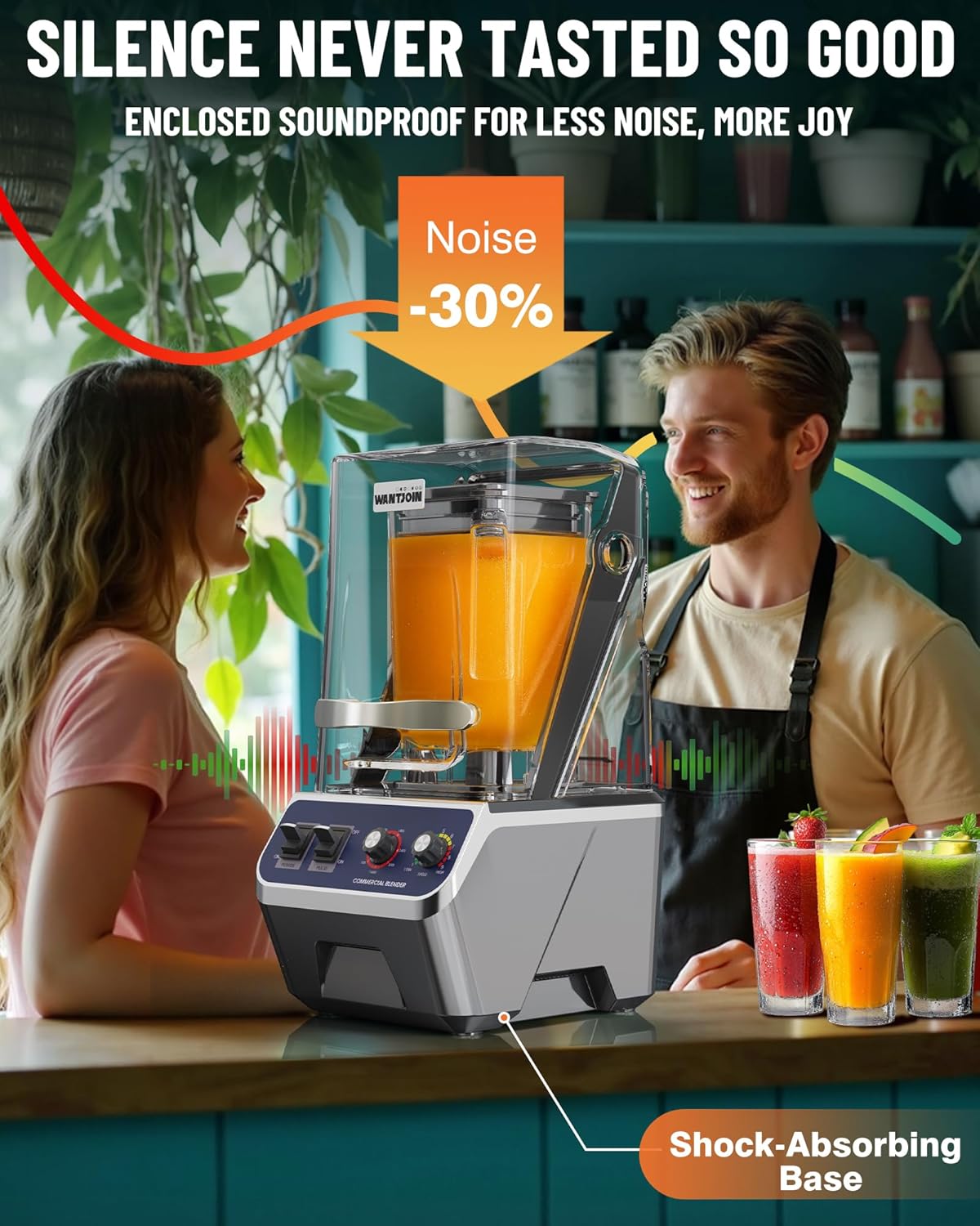 WantJoin Commercial Blender- 68Oz Professional Quiet Smoothie Blender with Shield, High-speed Ice Breaker for Heavy Duty Restaurant,Blenders for Frozen Drinks Shake Juice,Dishwasher Safe 2200W