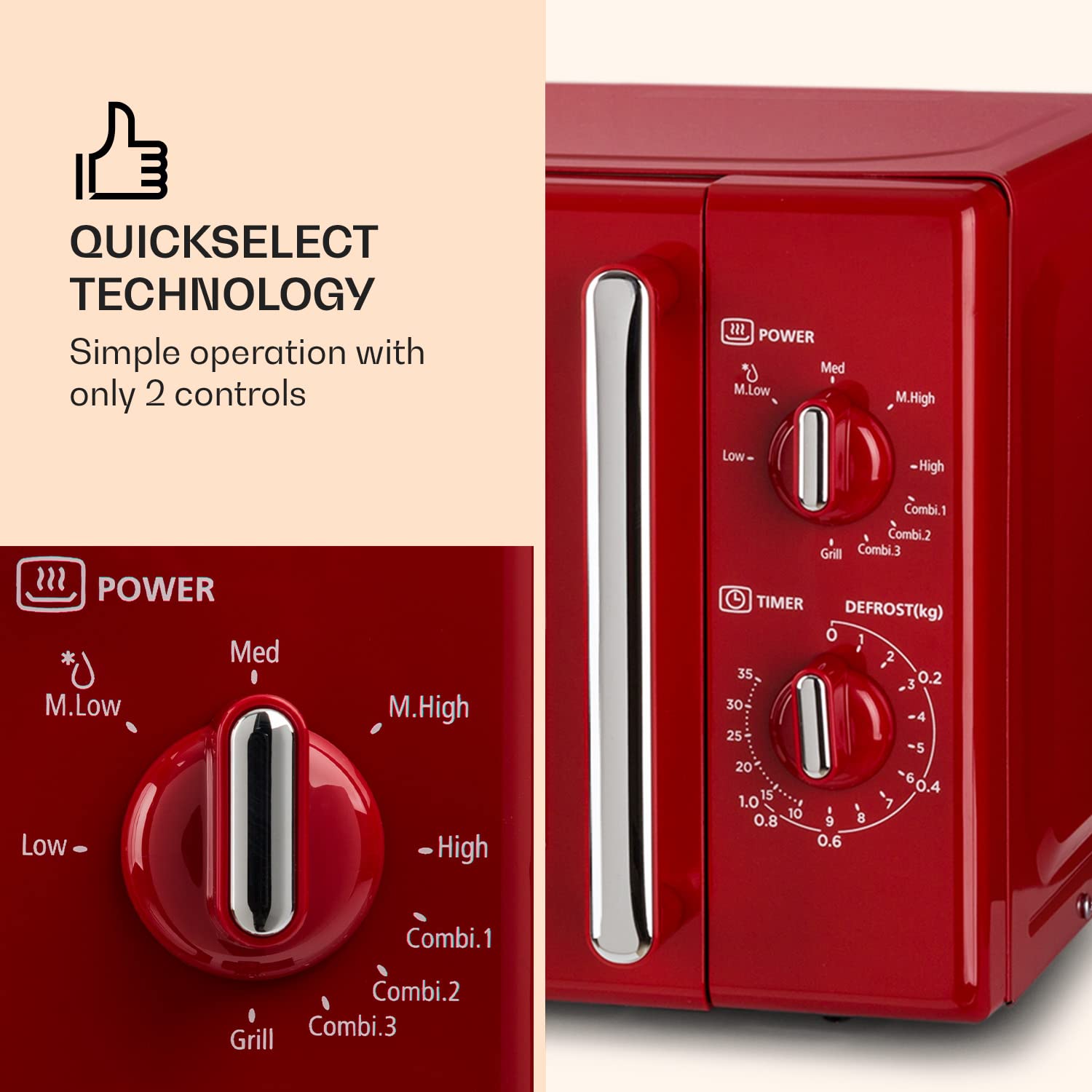 Klarstein Caroline - Freestanding Microwave Oven, 20L, 700/1000 W, Ø25.6 cm, 5 Power Levels, 3 Combined Functions, Stainless Steel Interior and Case, Retro Look, Red