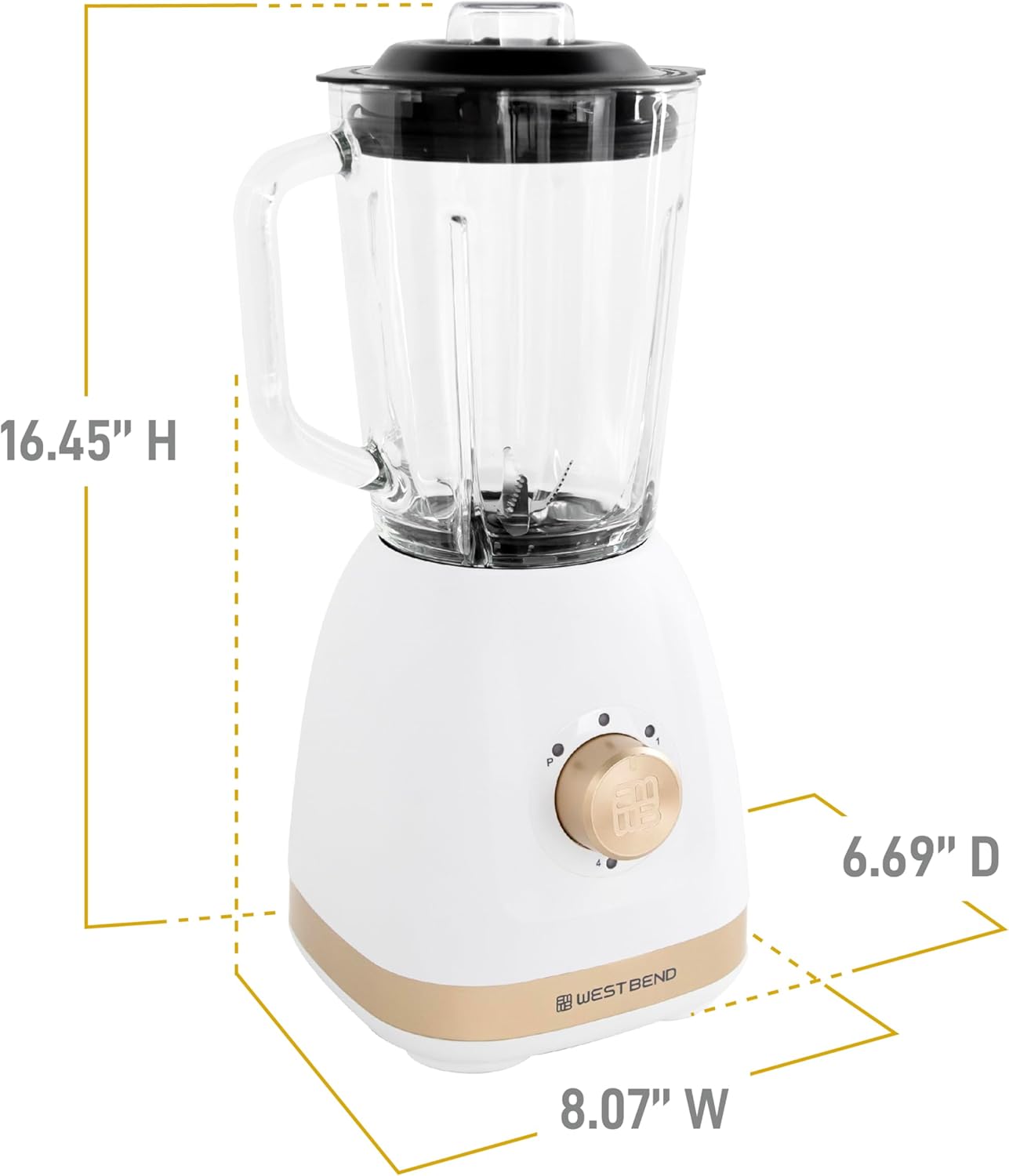 West Bend Timeless 5-Speed Multi-Function Blender, 48 oz Glass Jar with 20 oz Travel Cup, LED Controls, White/Gold