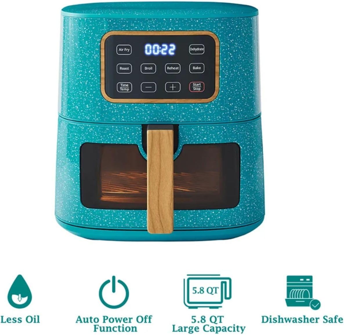 Pioneer Woman 5.8 Qt Digital Air Fryer – Teal Speckle Finish, Touchscreen with Window, Nonstick Basket, 1500W, 6 Smart Cooking Functions, Energy Efficient