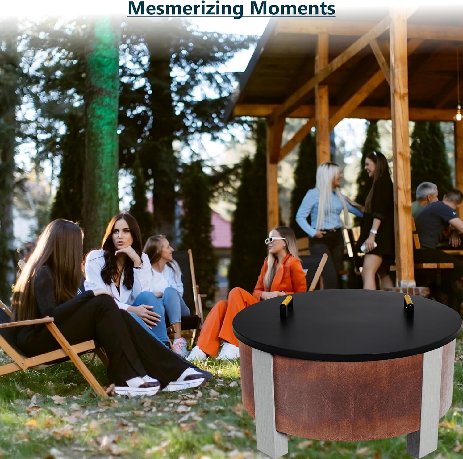 35” Fire Pit Cover Lid Round - Fit for 34.5 Round Fire Pit Lid for Outdoor Fireplace Cover Lid Steel fire Pit Metal Cover W/ 2 Wooden Handles & Heat Resistant Snuffer Lid for Patio Fire Pit Ring