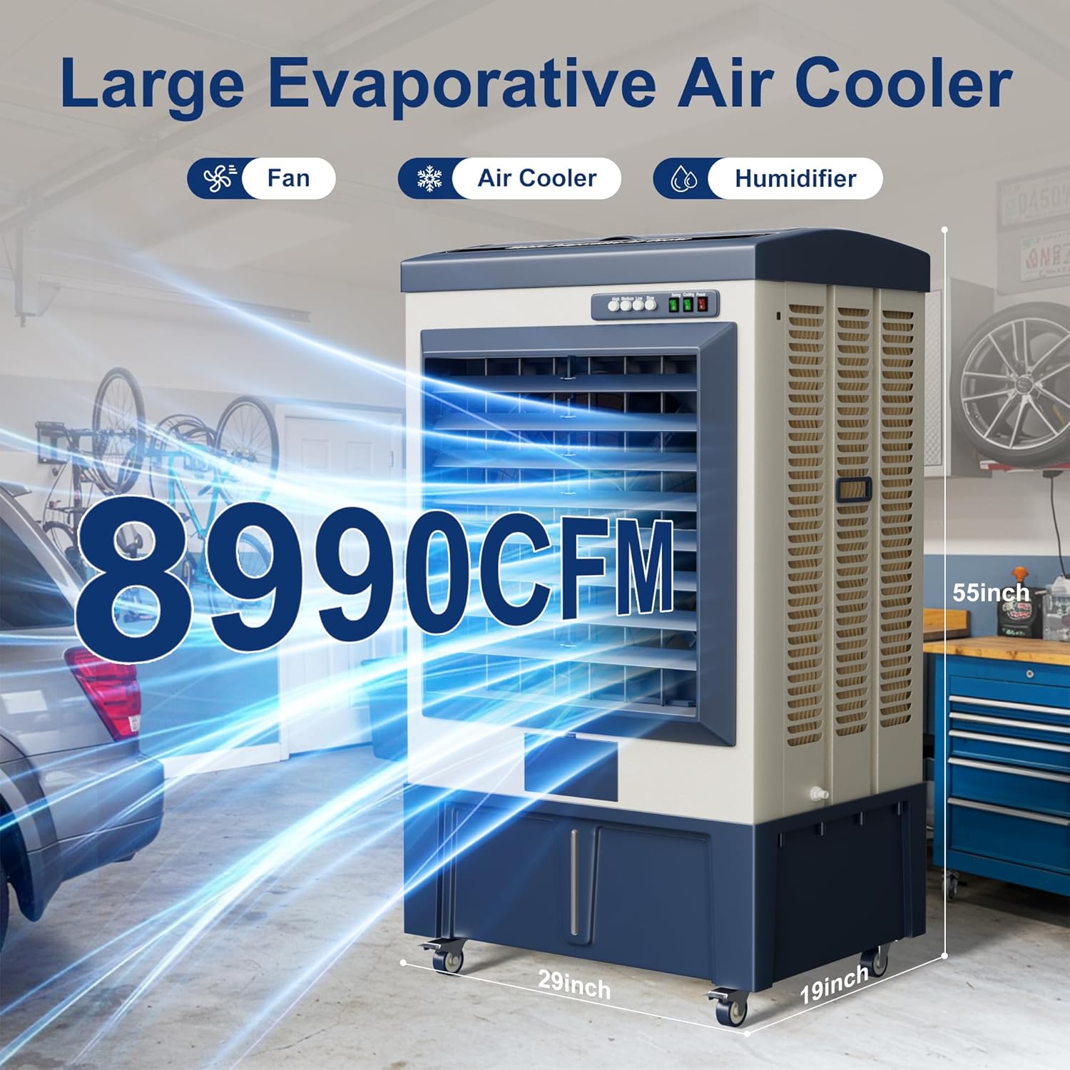 Swamp Cooler, 8990CFM Evaporative Air Coolers with 36 Gal Tank, Windowless Air Conditioner 3 Speeds for Outdoor Use, 58 Inch Air Cooler Water Fan for Patio, Garage, Shop, Commercial Grey