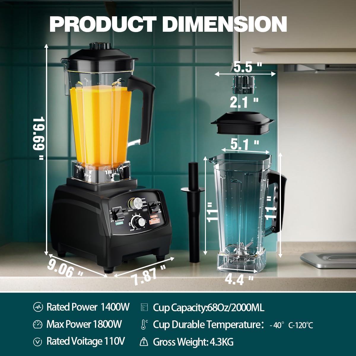 Smoothie Blender 1800W Powerful Blenders for Kitchen 68 Oz Large Capacity and BPA-Free Containers with To-Go Cup Countertop Blender for Smoothies, Ice Crushing & Frozen Drinks