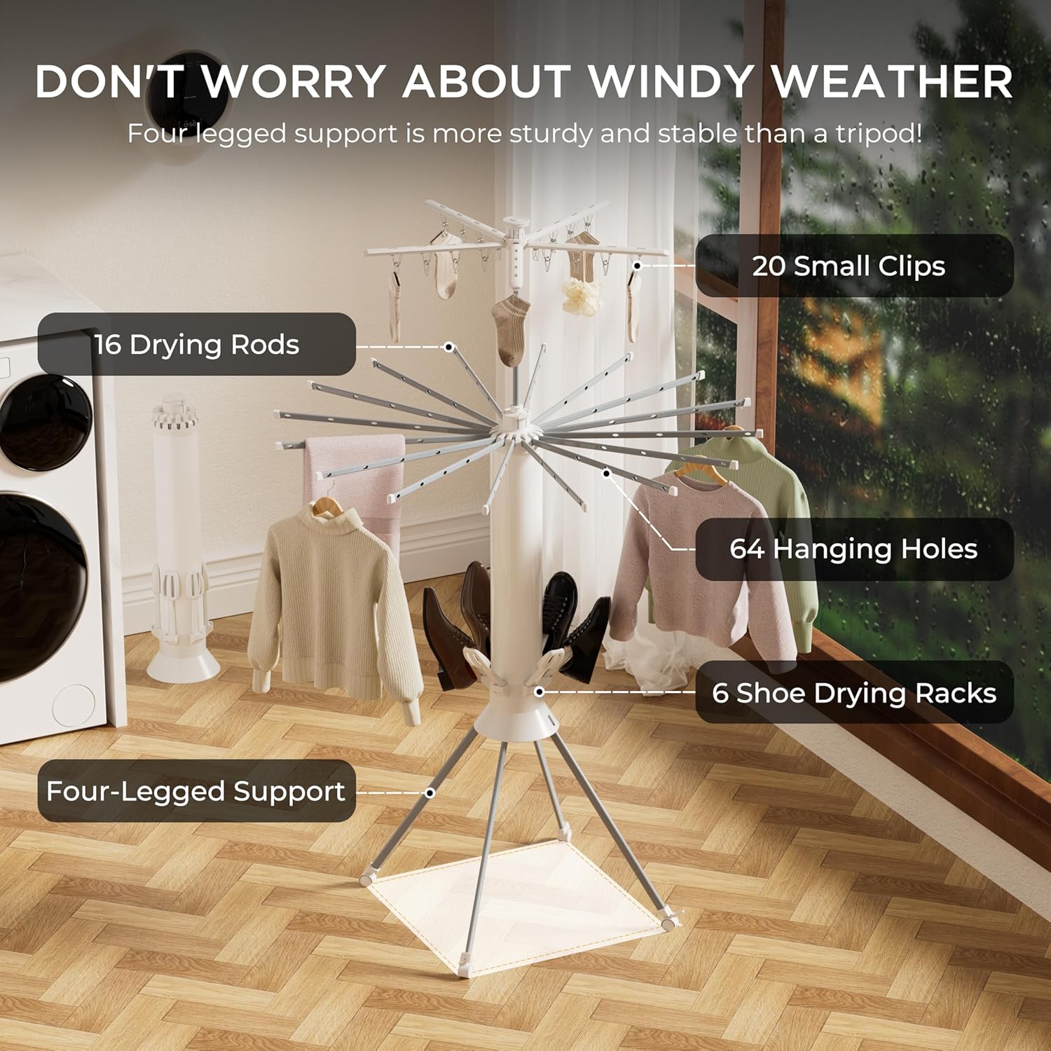 Clothes Drying Rack Foldable, 4-Legged Drying Rack Clothing with 20 Clips, Shoe Dryer Rack, Laundry Drying Racks with 4 Pulleys & Anti-Slip Holes, Portable Hanging Dry Rack for Clothes, Socks, Shoes