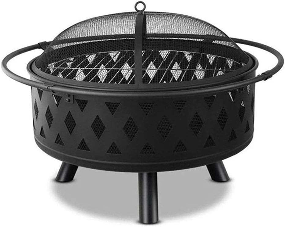 Fire Bowls for Garden, Fire Pit with BBQ Grill Shelf Outdoor Metal Brazier Star Moon Shape Garden Patio Heater Camping Bowl BBQ with Grill, Mesh Lid (Black),Grid