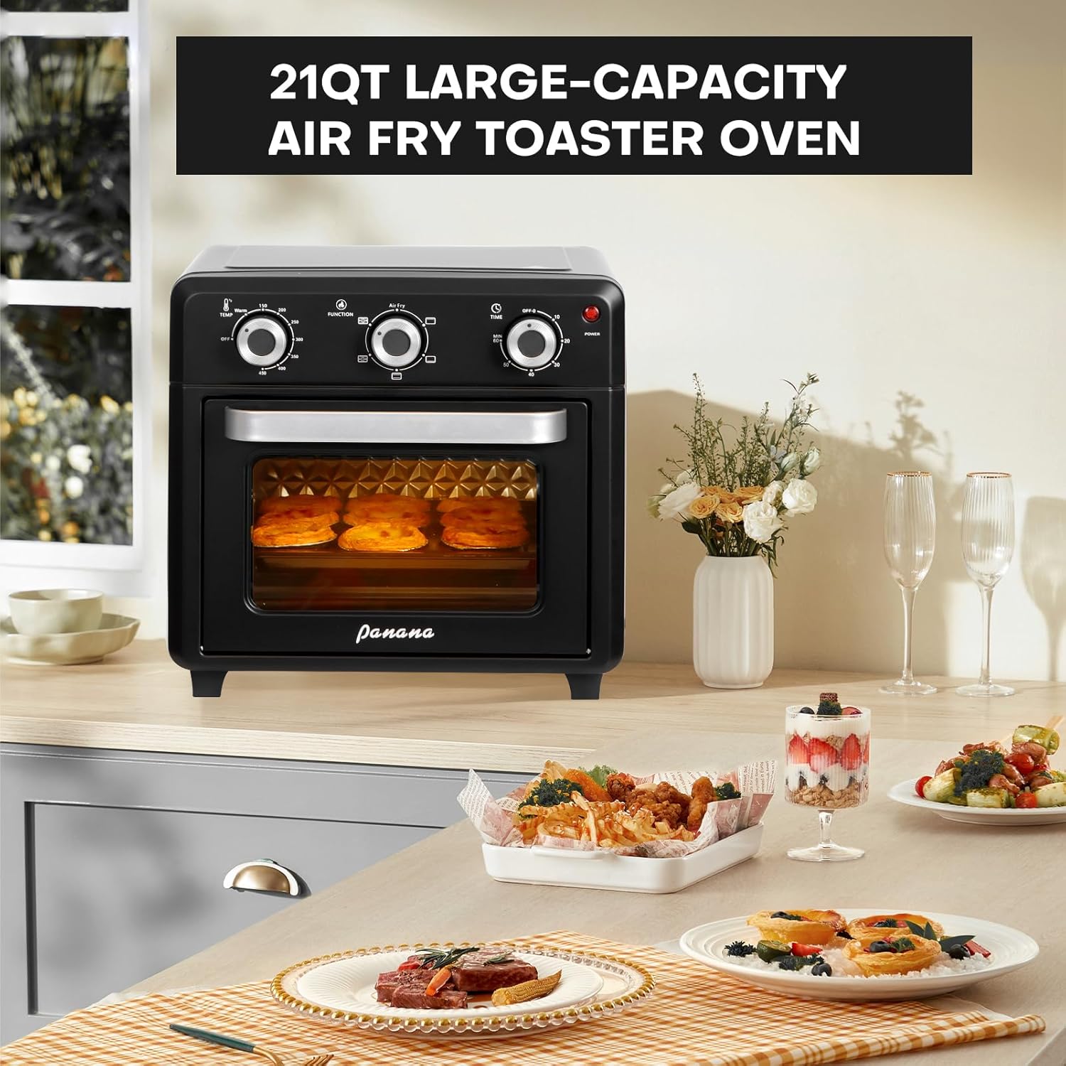 Panana Compact Airfryer Toaster Oven, 1400W 21QT with 6-in-1 Multifunctions and Wide Temperature Range, Air Fryer Oven with 60-Minute Timer/Auto-Off, Stainless Steel Countertop Oven (Black)