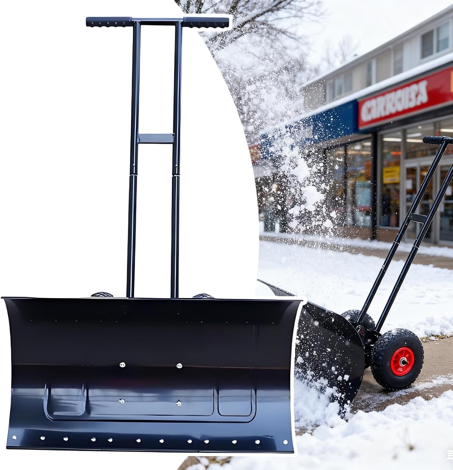 Snow Shovel with Wheels and Adjustable Blade - Effortlessly Clear Driveways and Large Areas