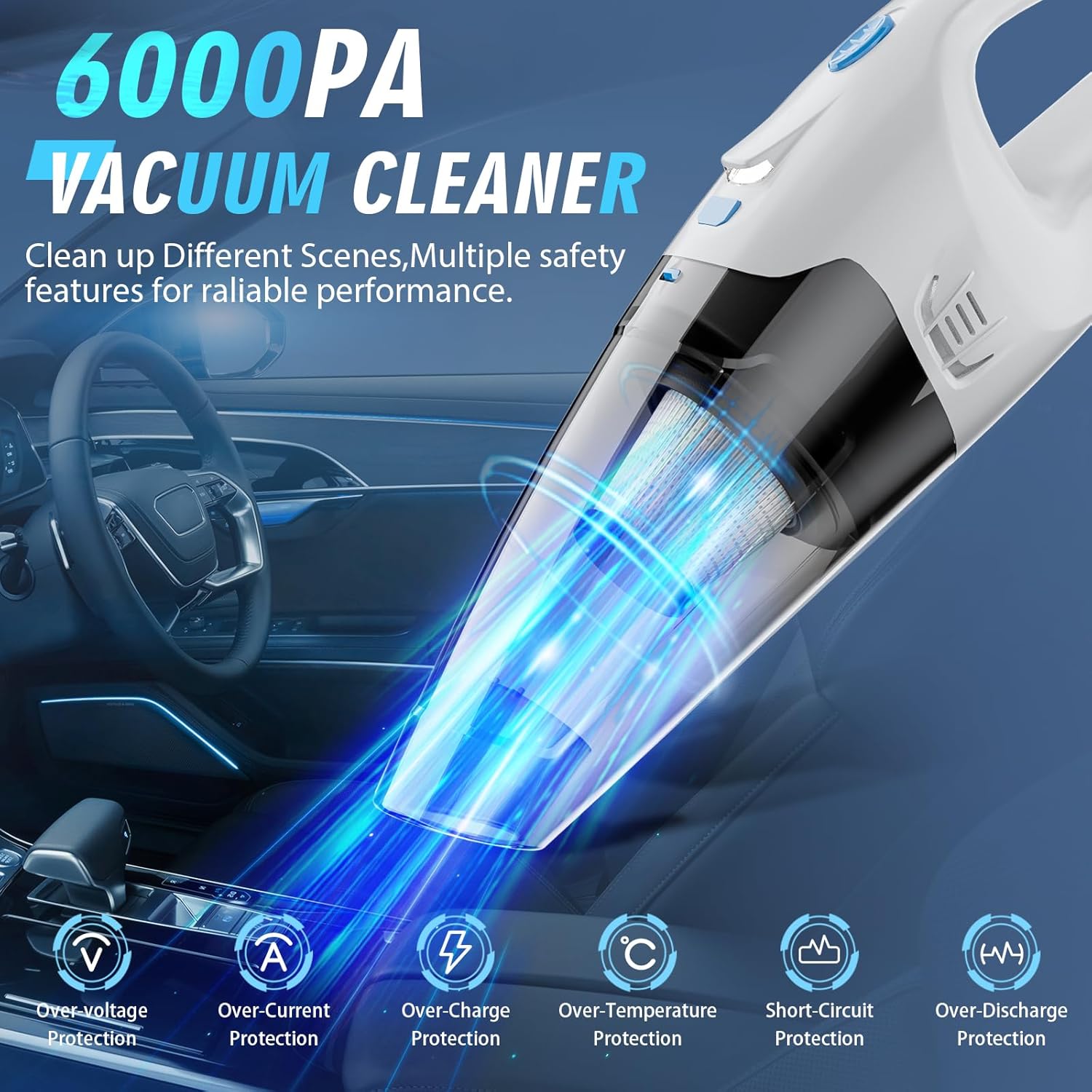 Handheld Vacuum Cordless, 6KPA Strong Suction & 25 Mins Runtime, 1.6lbs Lightweight Hand Vacuum Cordless Rechargeable with HEPA Filter/LED Light/Multi-Accessories,for Home/Car/Office Cleaning
