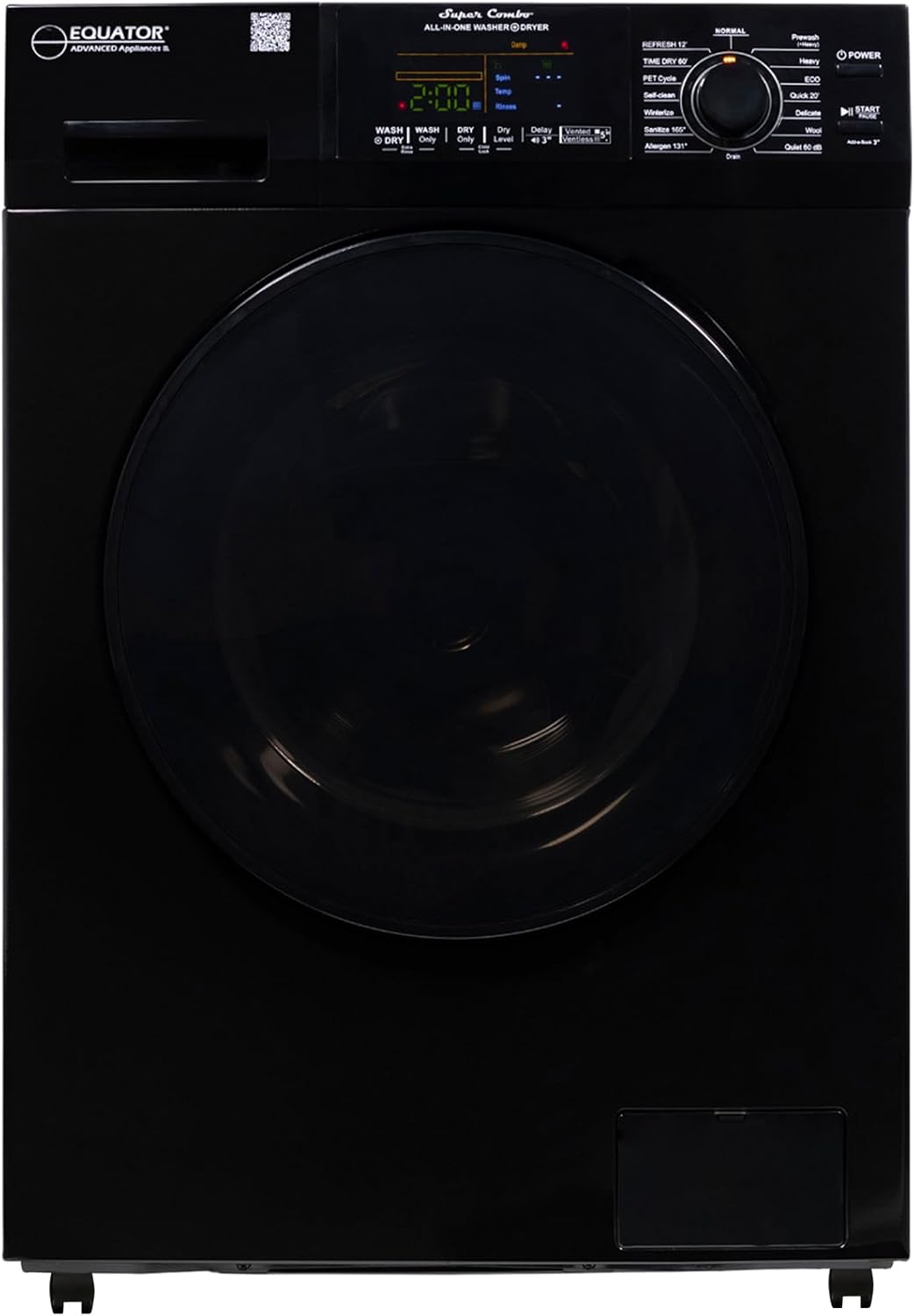 Equator All-in-One Washer Dryer VENTLESS/VENTED PET cycle 1.62cf/15lbs+Portability Kit in BLACK