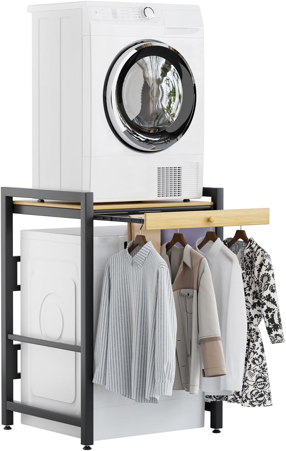 Washer and Dryer Stand, Dryer Stacker Rack with Pull Out Drying Rack, Stackable Shelf for Laundry Room, Bathroom, Heavy Duty, Height Adjustable, 660lbs Capacity Brown