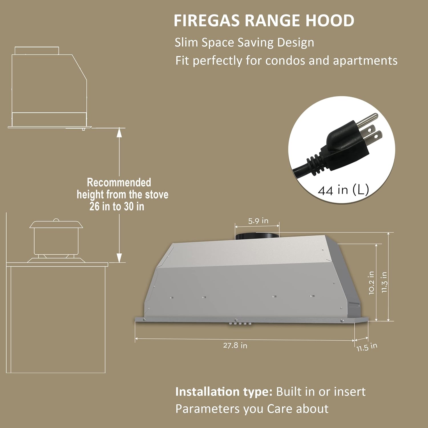 FIREGAS Range Hood Insert 30 inch, 600 CFM Ducted/Ductless Convertible Kitchen Hood with LED Light, Built-in Vent Hood with 3 Speed Exhaust Fan, Baffle Filters, Stove Hood with Carbon Filters