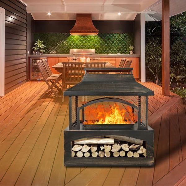 Rectangular Metal Outdoor Wood Burning Fireplace with Built-in Log Storage & Poker, Brushed Bronze Log Burner Fire Pit for Patio, Garden, Backyard
