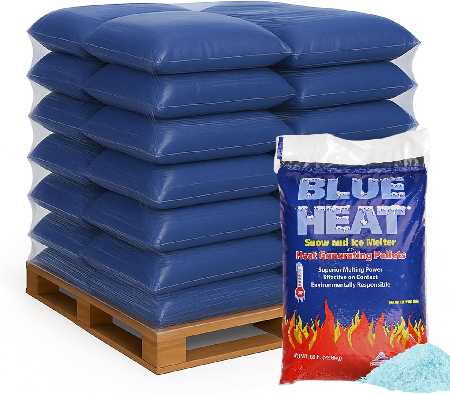 Blue Heat 56 Pack Ice Melt Pellets, Calcium Blend Deicer Snow Melter for Driveway, 50 Lb - Pet-Friendly Winter Relief with Magnesium, Calcium, and Sodium Formula, BH50