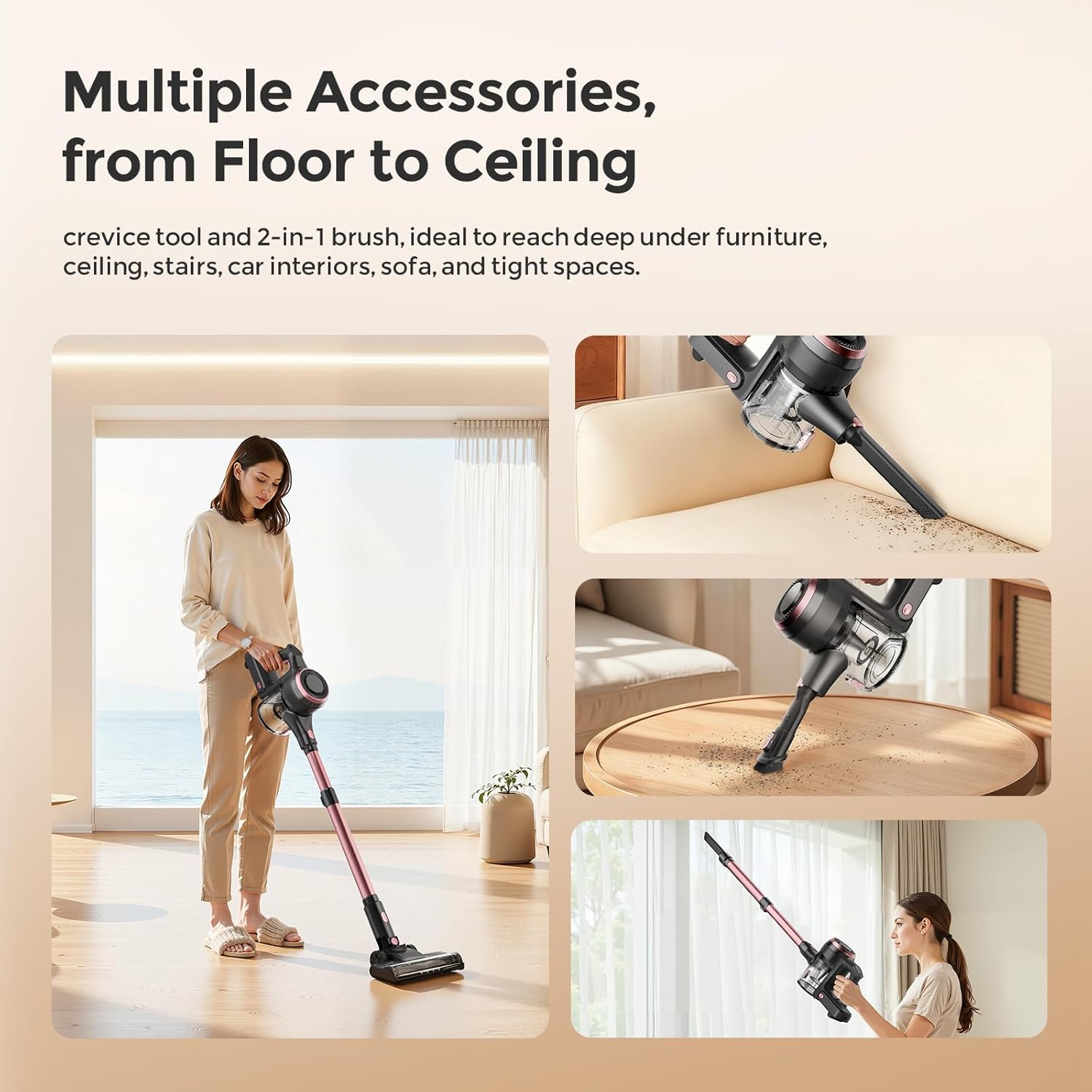 Vazone S22 Cordless Vacuum Cleaners for Home, 6 in 1 Lightweight Stick Vacuum with 45KPa Powerful Suction, Self-Standing Vacuum Cleaners Rechargeable Cordless Vacuum for Pet Hair