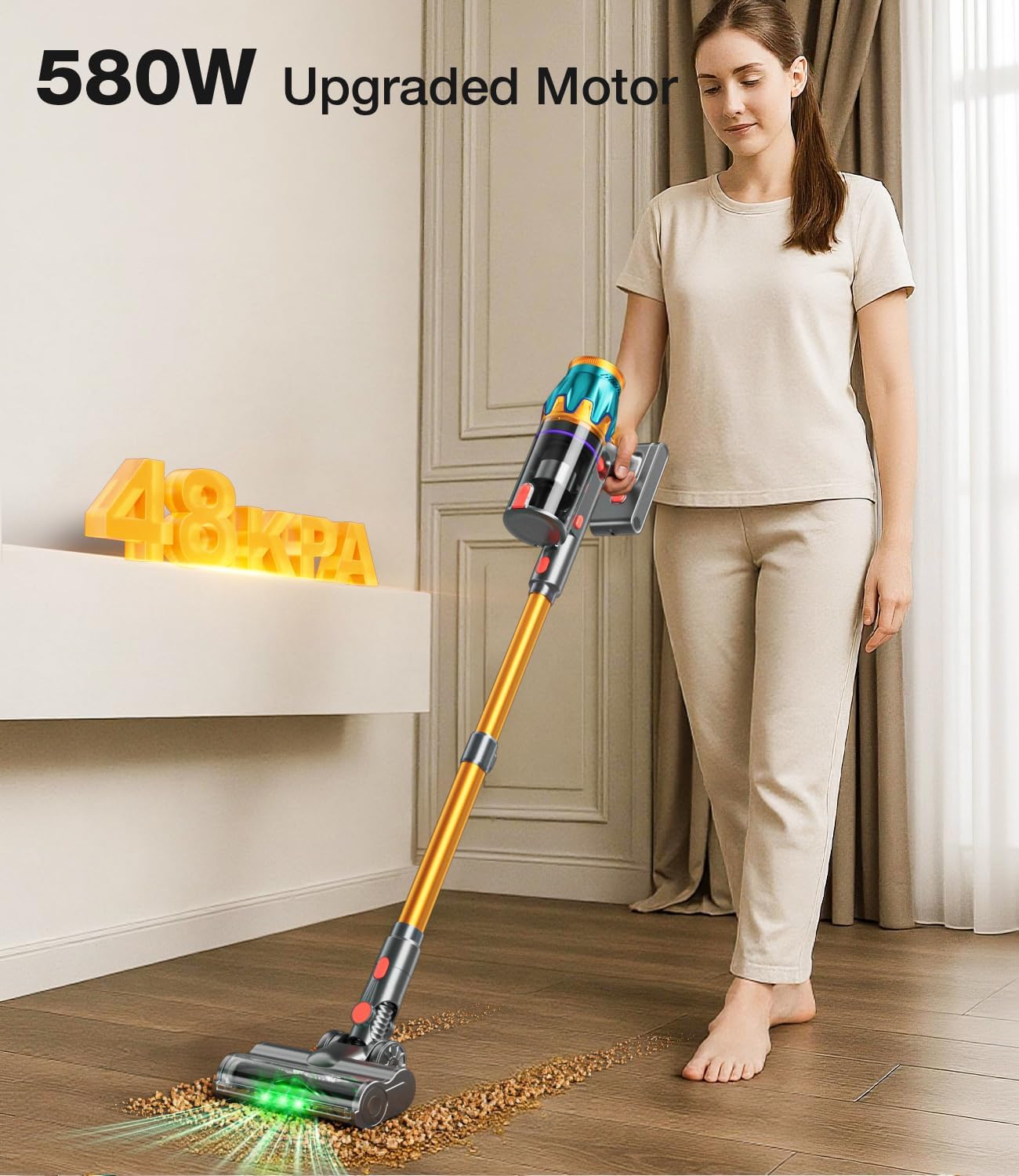 Cordless Vacuum Cleaner, 580W 48KPA 70Mins Vacuum Cleaners for Home, Cordless Stick Vacuum with Touch Screen, Anti-Tangle & Wall Mount Charge, Wireless Vacumm for Home/Pet Hair/Carpets/Floors