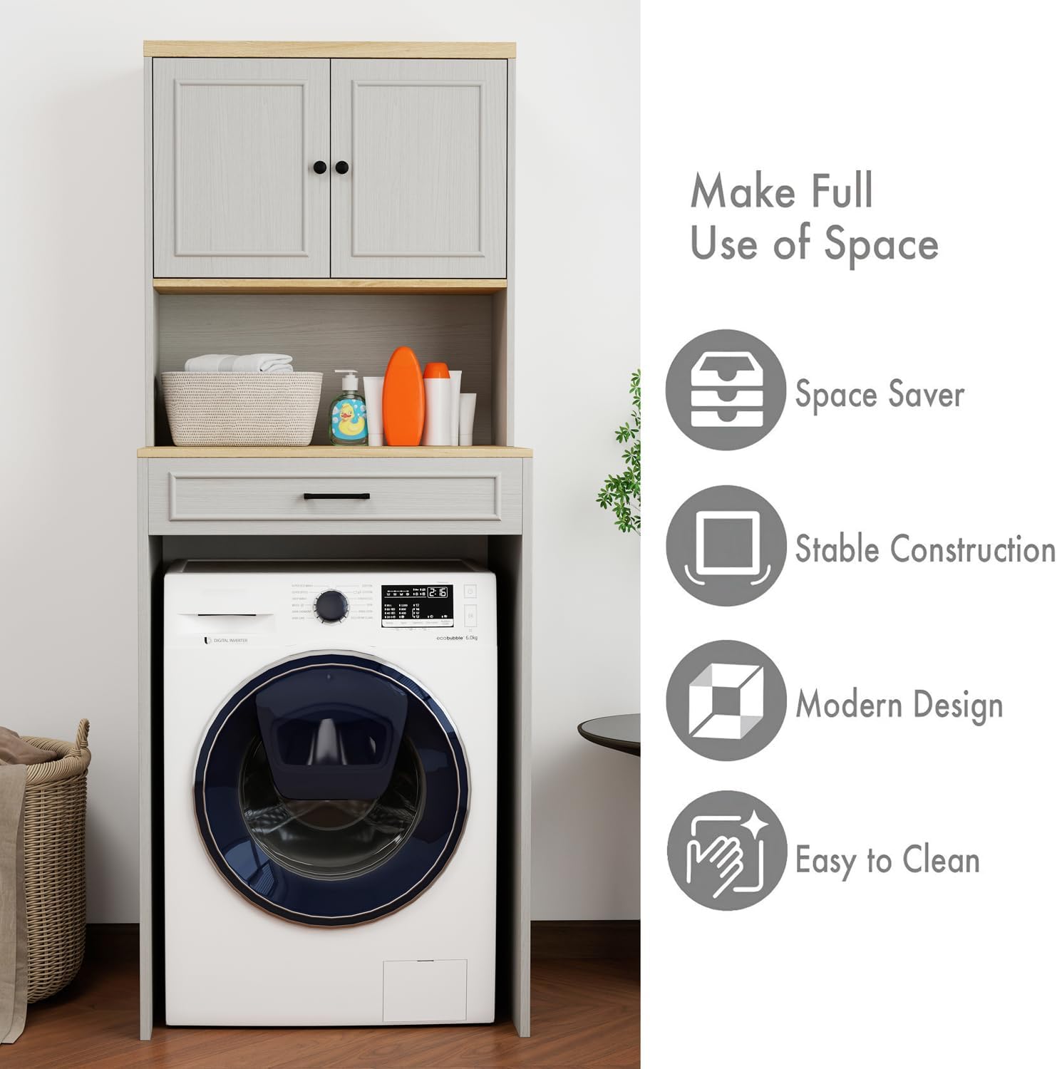 Over The Washer and Dryer Storage Cabinet, Laundry Room Organization and Storage with Adjustable Shelf and Fake Drawer Design, Laundry Room Storage Space Saver (Antique White)