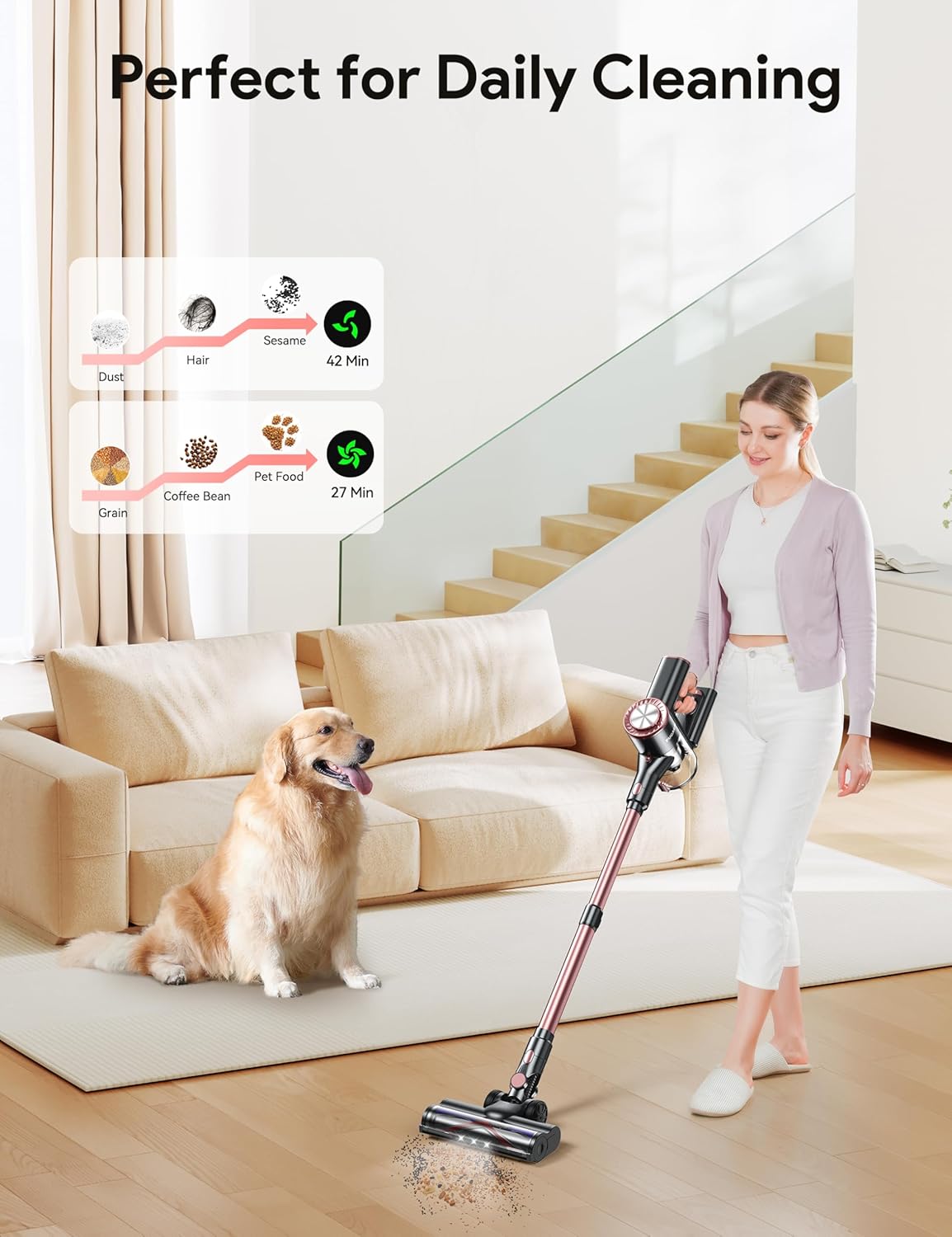 FUFACAL Cordless Vacuum Cleaner, 23KPA Stick Vacuum with 42Mins 2200mah Detachable Battery, 6 in 1 LED Display Lightweight Cordless Stick Vacuum Cleaner, Vacuum Cleaner for Home Hard Floor Car Carpet
