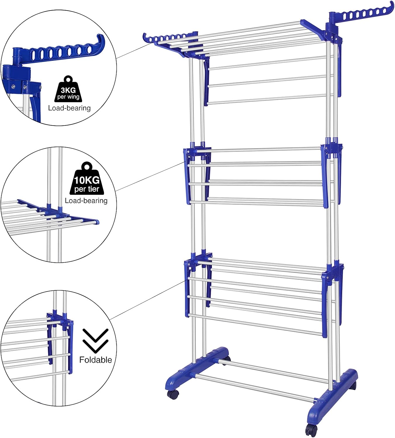 Clothes Drying Rack, Stainless Steel Oversized 4-Tier Collapsible Rolling Drying Rack Clothing Folding Laundry Drying Rack Stand Indoor/Outdoor with Side Wings and Casters Gray Blue