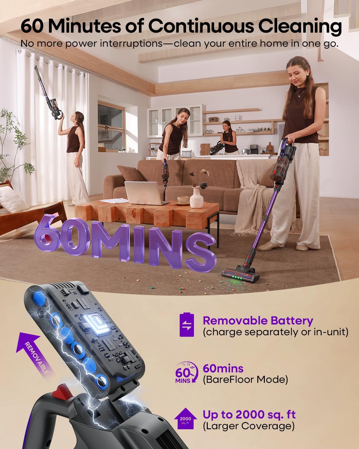 AlloyMove Cordless Vacuum Cleaner 45KPA, Up to 60mins Runtime Lightweight Powerful Suction Vacuum Cleaners for Home, 3 Suction Modes, Rechargeable Stick Vacuum for All Floor/Carpet/Pet Hair/Car, A03