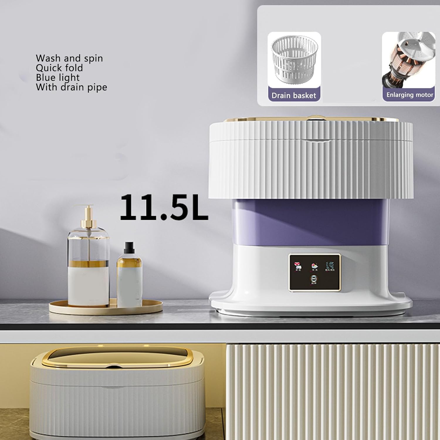 Portable Washing Machine 3 Timer Modes Mini Foldable Washer with Drain Hose 11.5L Large Capacity Foldable Washer for Underwear Baby Clothes (US Plug)