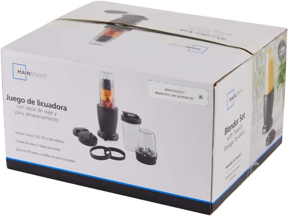 10-Piece Blender Set - Black - 300W - with 3 Jars (10oz, 16oz, 18oz) - 2 Drinking Lids - Stainless Steel Blade - 3 Jars - 3 Jar Lid - 1 Blade Assembly - 1 Main Body - 2 Cup Lids