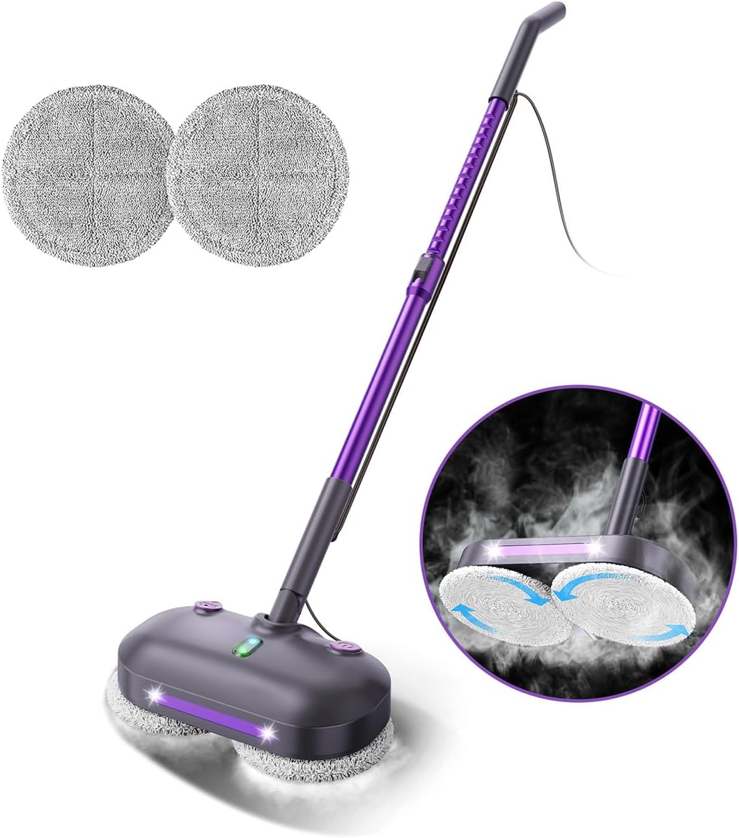 Scrubbing Steam Mop with Rotating Pads, All-in-One Spin Steam Cleaner for Floor Cleaning, Large Tank, 23FT Cord, LED Headlights, Reusable Pads & Self-Standing, Safe for Hard Floor/Laminate/Marble