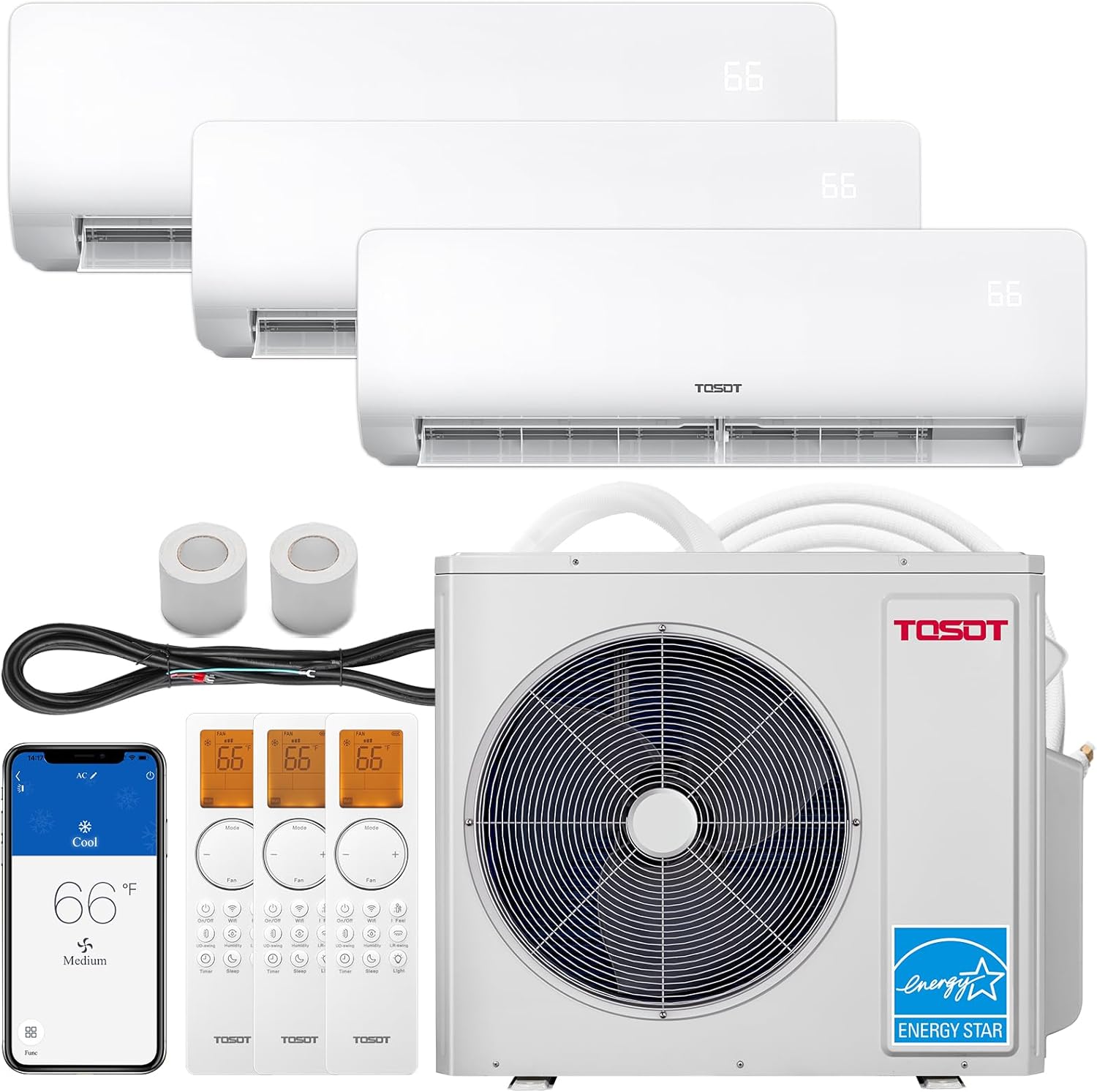 TOSOT 36,000 BTU Tri 3 Zone Mini Split AC with Heat Pump, 21 SEER2, 230V, Wifi-Enabled Ductless Inverter Split System with 16.4 ft Copper Line Set, 9,000+9,000+18,000 BTU, Cosmo Series