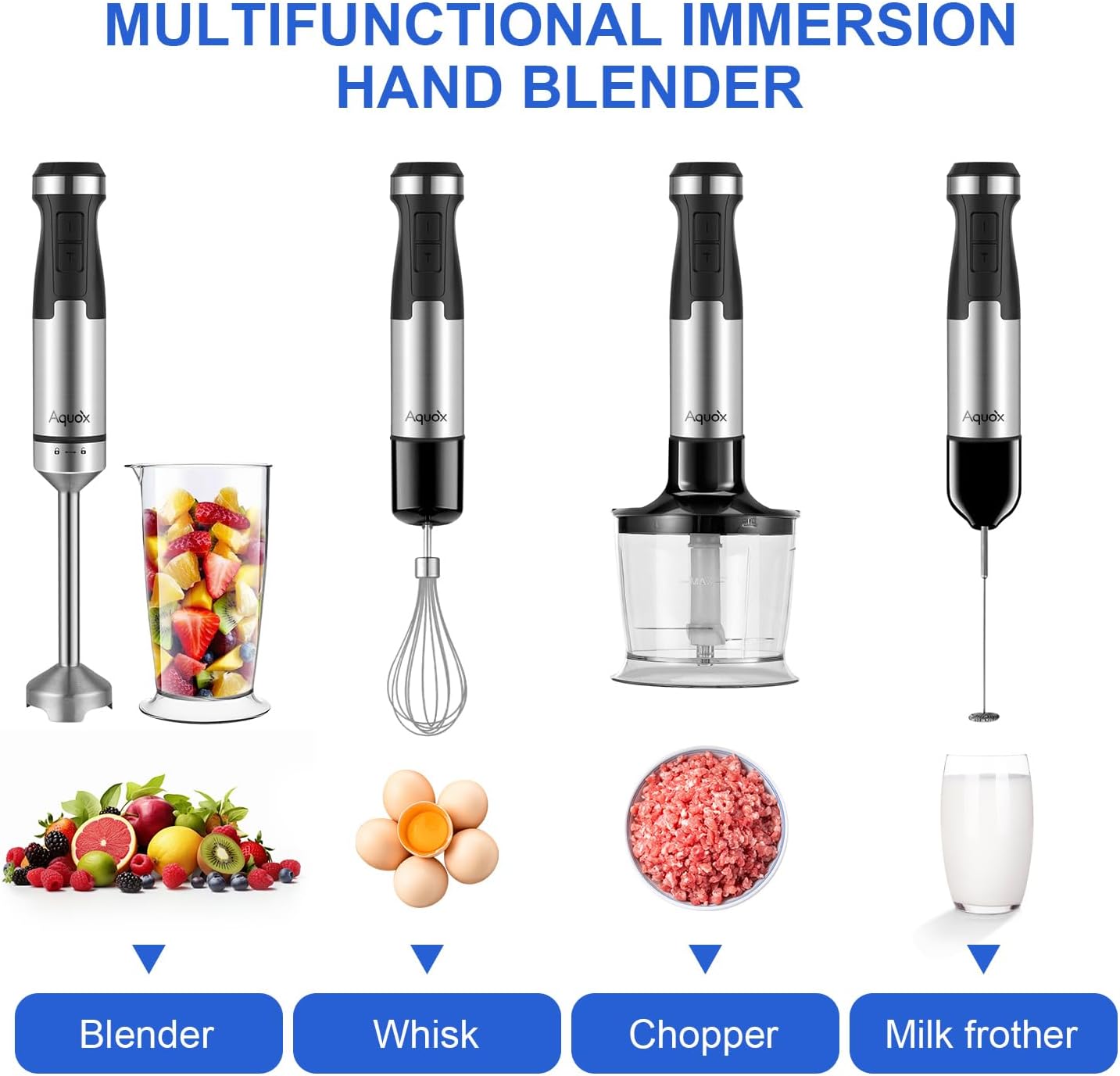 Immersion Blender 5 in 1 Handheld Blender 1500W, 20 Speed Mode&Turbo Boost, Heavy Duty Motor Electric Hand Blender with Chopper, Whisk, Frother, Beaker, for Baby Food, Sauce, Soup, Aquox
