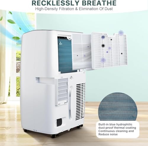 14,000 BTU Portable Air Conditioner with 3-In-1 Functionality (Cool, Fan, Dehumidifier), Cools Up to 750 Sq.Ft, Compact Design with Wheels for Easy Mobility, Remote Control Included, White