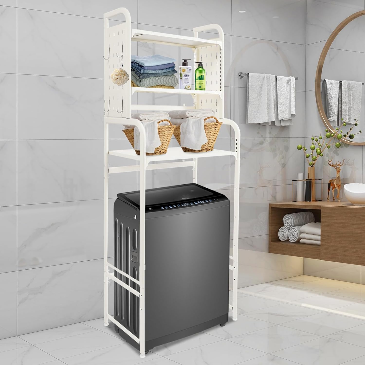 3 Tier Over The Washer and Dryer Storage Shelf, Height Adjustable Heavy Duty Laundry Room Organizer, Bathroom Storage Rack with Hook & Hanging Rod, Space Saving Standing Shelf (White)