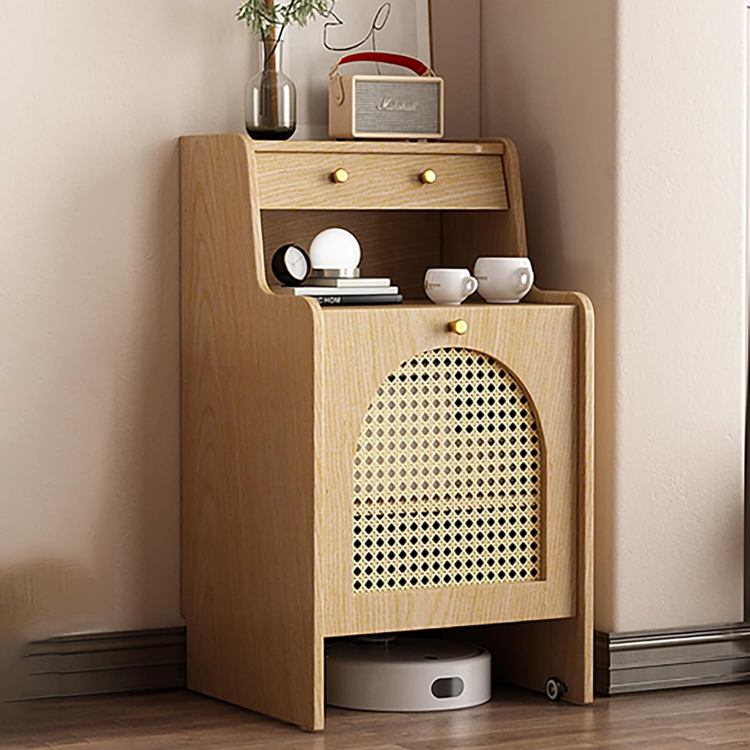 Rolling Smart Sweeper Hideaway Cabinet for Household, Retro Sturdy Sweeping Robot Storage Rack & Portable Sofa Side Table Nightstand Cart with Wheels, 90 Cm Tall Solid Wood Coffee Desk(Natural,50x45x9