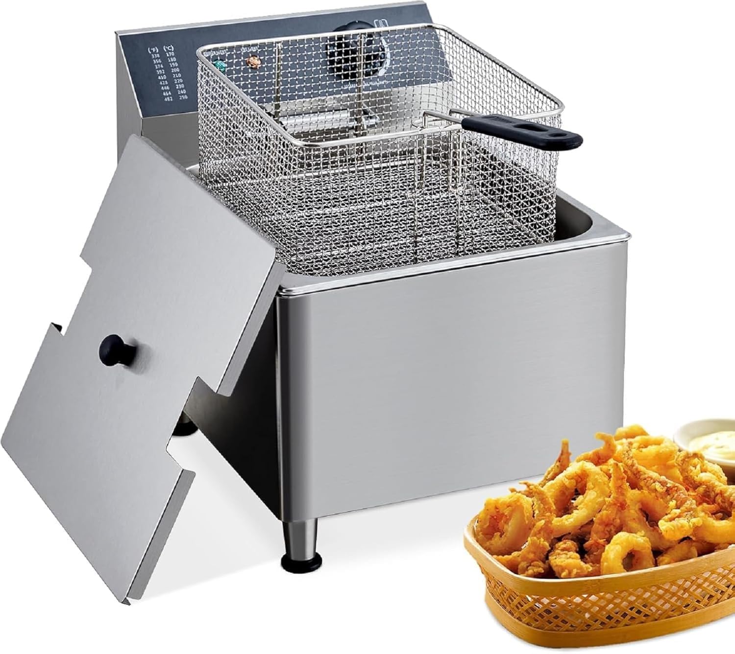 Commercial Deep Fryer 1700W 11L/3.3Gal | 201 Stainless Steel Adjustable Thermostat & Safety Splash Lid | Extra-Large 6LB Basket for Catering, Cafeteria, Home Use