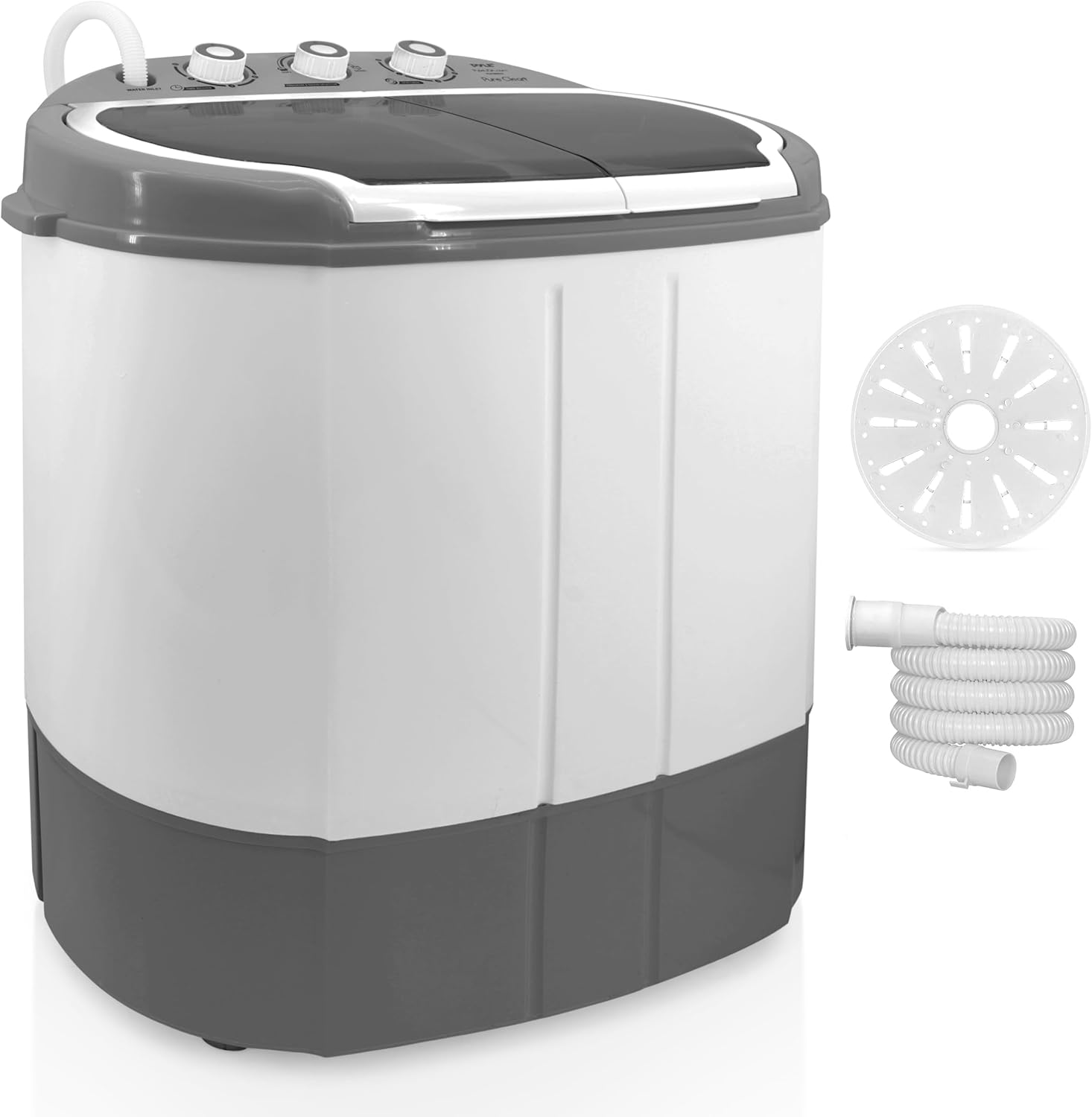 PURE CLEAN Compact Home Washer & Dryer, 2 in 1 Portable Mini Washing Machine, Twin Tubs, 11lbs. Capacity, 110V, Spin Cycle w/Hose, Translucent Tub Container Window, Ideal for Smaller Laundry Loads