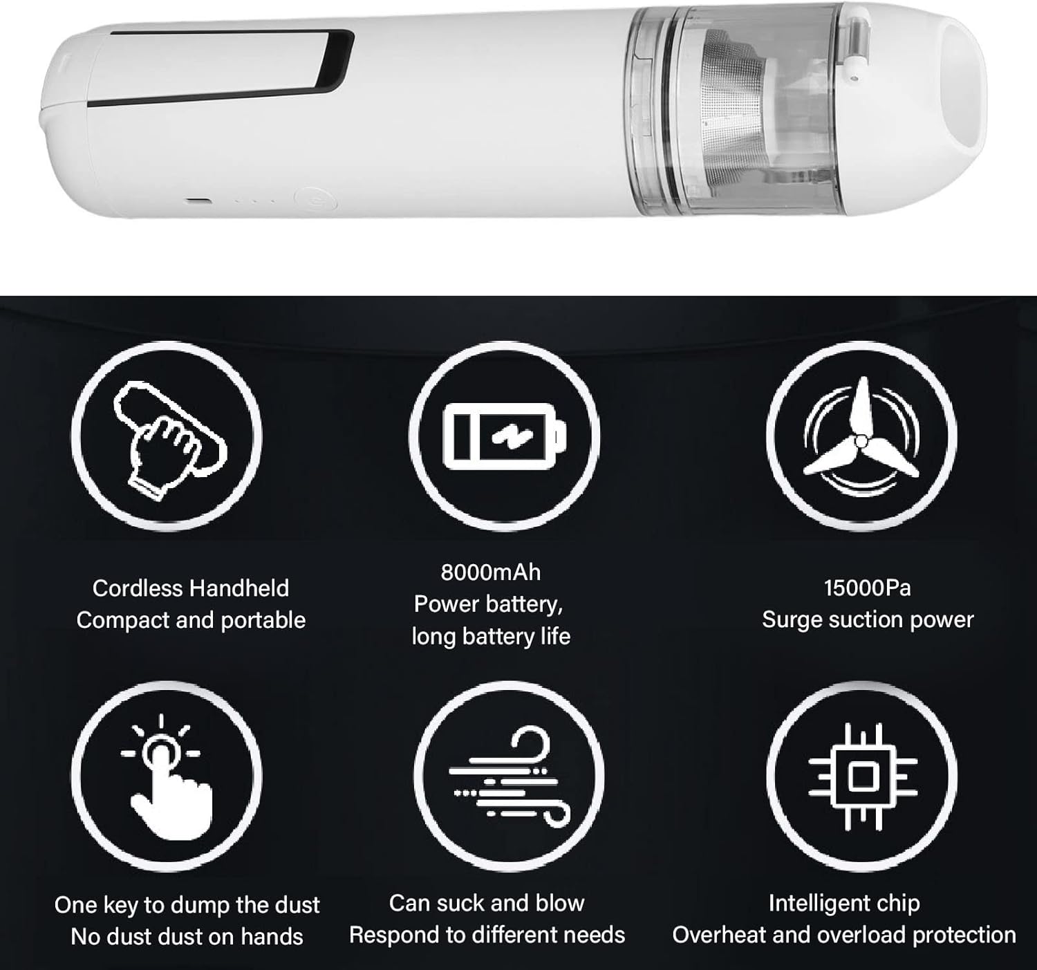 15000Pa Brushless Vacuum Cleaner, Car Vacuum Cleaner, 2 Levels Cleaning Mode Small Handheld Double Filtration Vacuum with Intelligent Chip for Dust Hair (White)