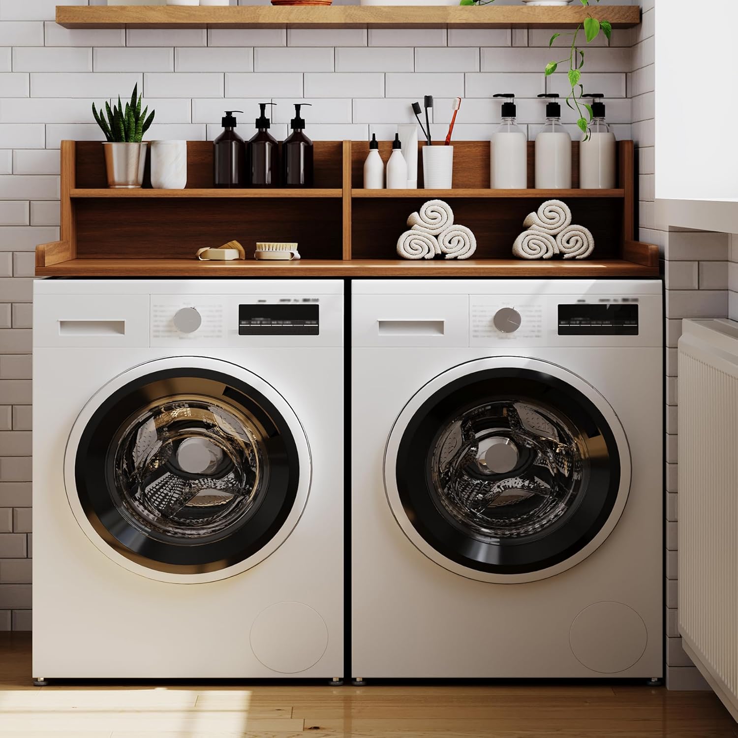 ChooChoo 2-Tier Washer Dryer Countertop with Adjustable Shelf, Spacious Laundry Room Storage for Folding Clothes and Efficient Organization, Walnut