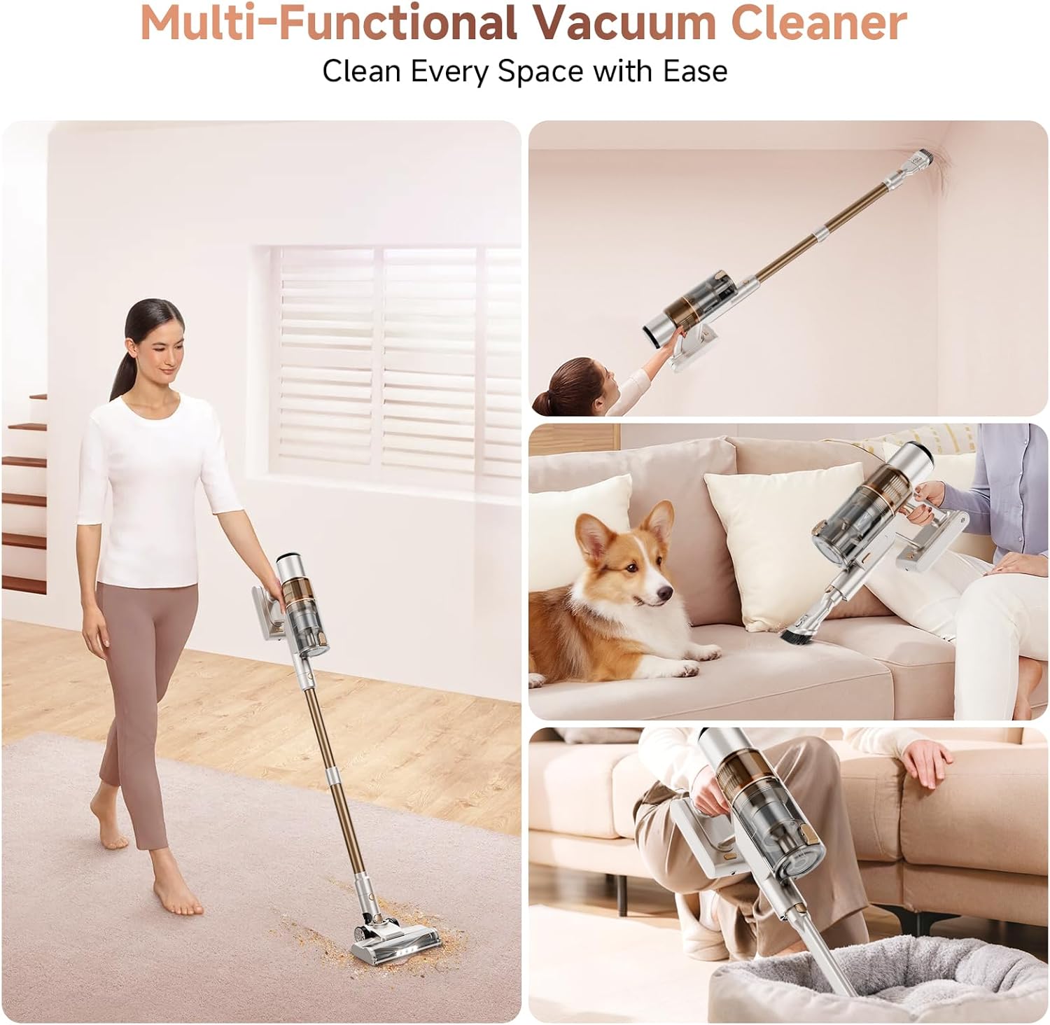 Cordless Vacuum Cleaner, 550W/45KPA Powerful Suction Cordless Stick Vacuum Cleaners for Home, Anti-Tangle Brush, Lightweight, 6-IN-1 Rechargeable Vacuum for Pet Hair/Carpet/Hard Floor(Off-White)