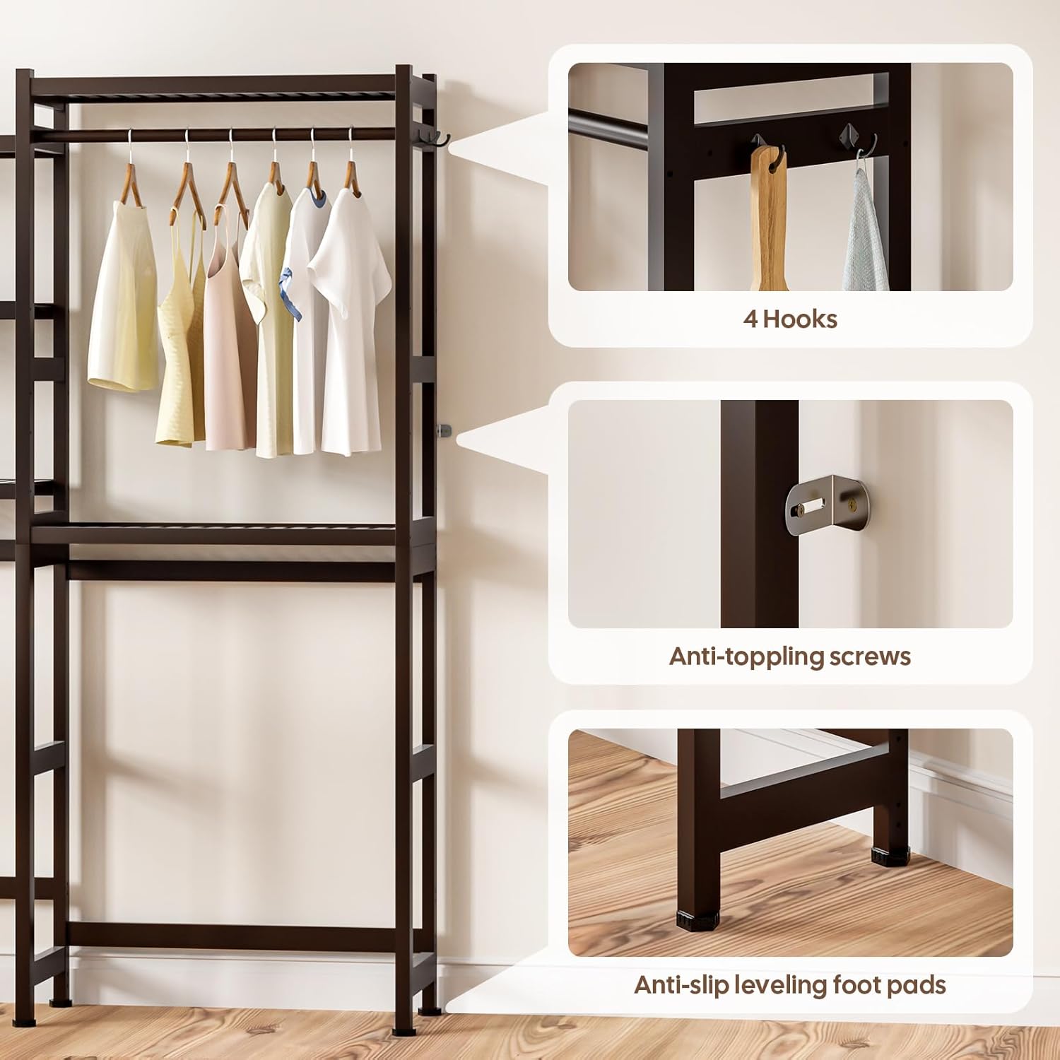 Over The Washer and Dryer Storage Shelf Bamboo,5 Tiers Laundry Room Drying Rack with Adjustable Shelves and 4 Hooks,Space Saver Organizer for Hanging Clothes and Towels (Brown)