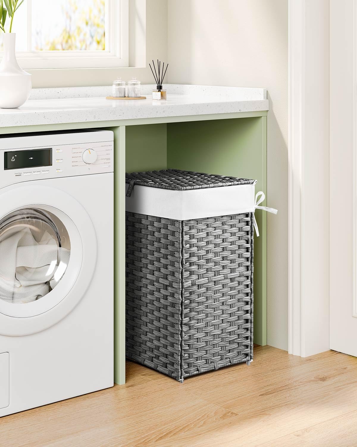 Laundry Basket with Lid, 110 L Large Capacity Hamper, Rattan Laundry Basket with Compartments & Handles, Foldable, Removable Liner, Dove Gray