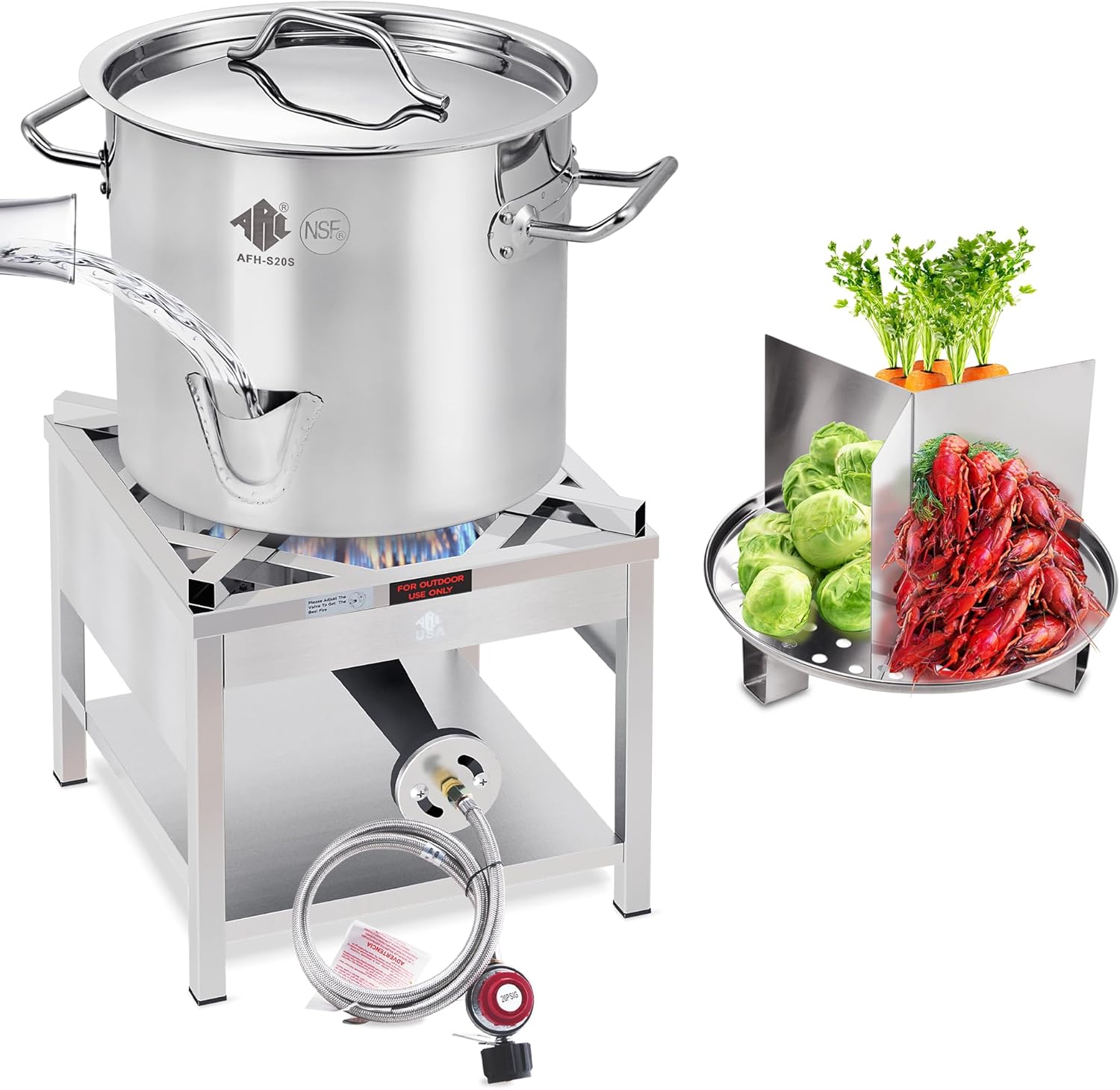 Stainless Steel Steamer Pot with Propane Burner for Outdoor Cooking - Large Pot with Water Spout, Divider and Steamer Rack (52QT)