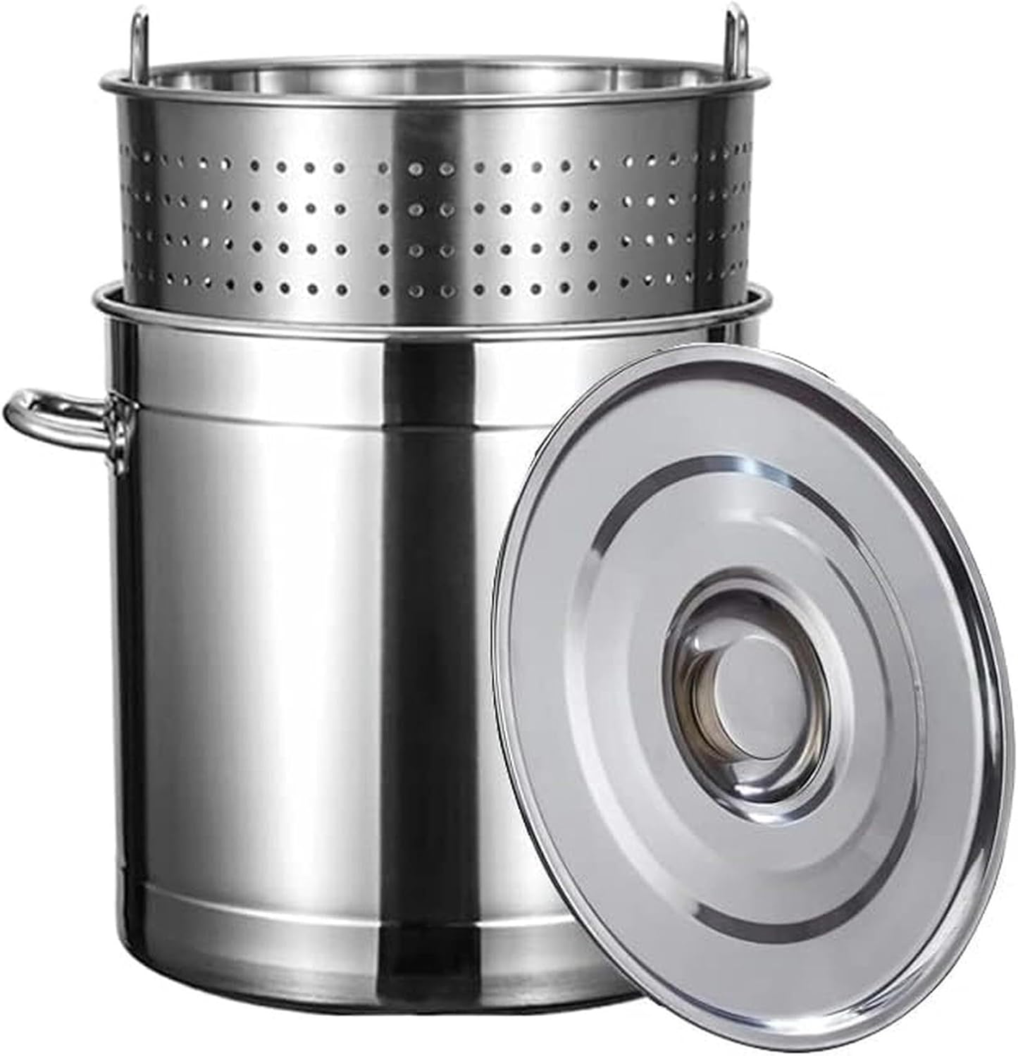 Heavy Duty Stockpot with Lid & Strainer Basket, 27QT-63QT Stainless Steel Soup Pot for Seafood Boil, Shrimp Boil, Turkey Fryer, Outdoor Cooking