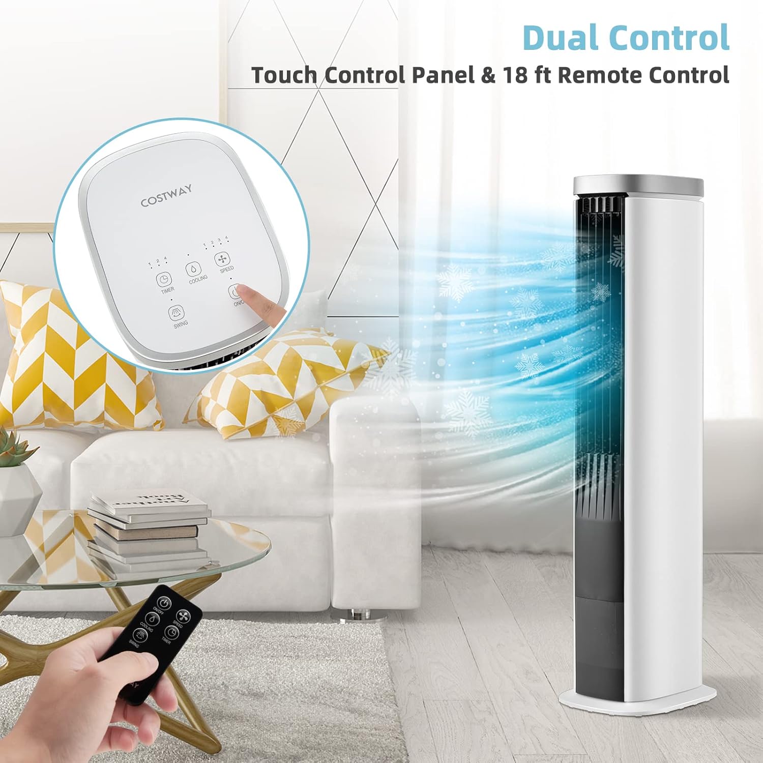 COSTWAY Evaporative Air Cooler, 40-Inch Bladeless Tower Cooler with Remote Control, 4 Ice Packs, 4 Speeds, 7H Timer, 60°Oscillation, Quiet Portable Swamp Cooler Fan for Bedroom Home Office