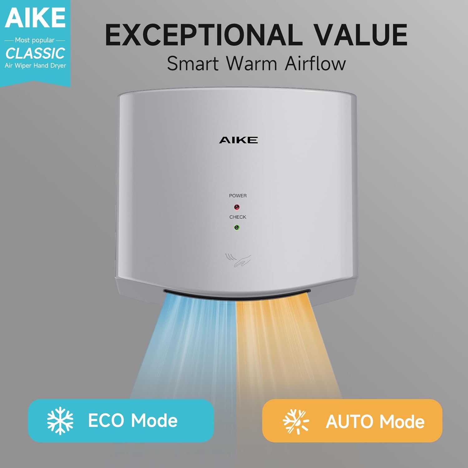 AIKE Air Wiper Compact Hand Dryer 110V 1400W Silver (with 2 Pin Plug) Model AK2630S