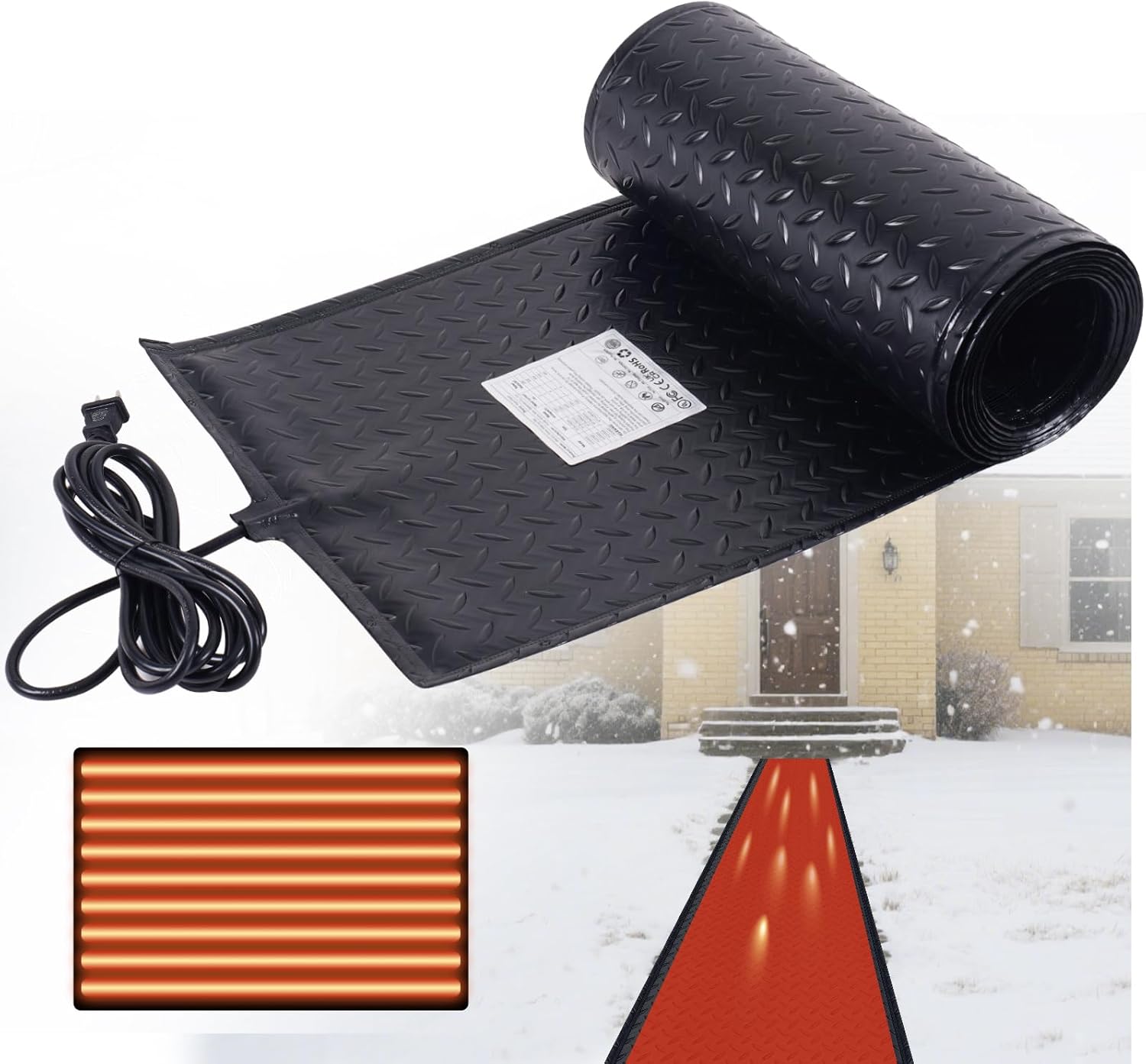 Snow Melting Mats for Roof Valley Walkways, Leakage Protection 120V Outdoor Electric Heated Melting Snow Ice Removal, Roof Deicing System Black 15 in x 8 ft