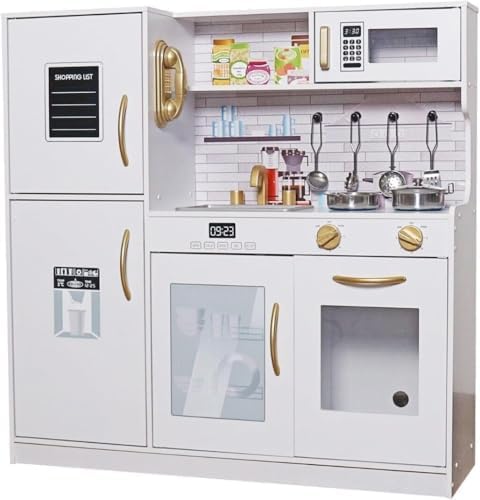 Large Kids Wooden Kitchen Play Set & Kitchen Accessories, Girls Boys Learning Pretend Toys with Utensil Cooking Set Oven, Stove, Microwave - White/Gold Edition