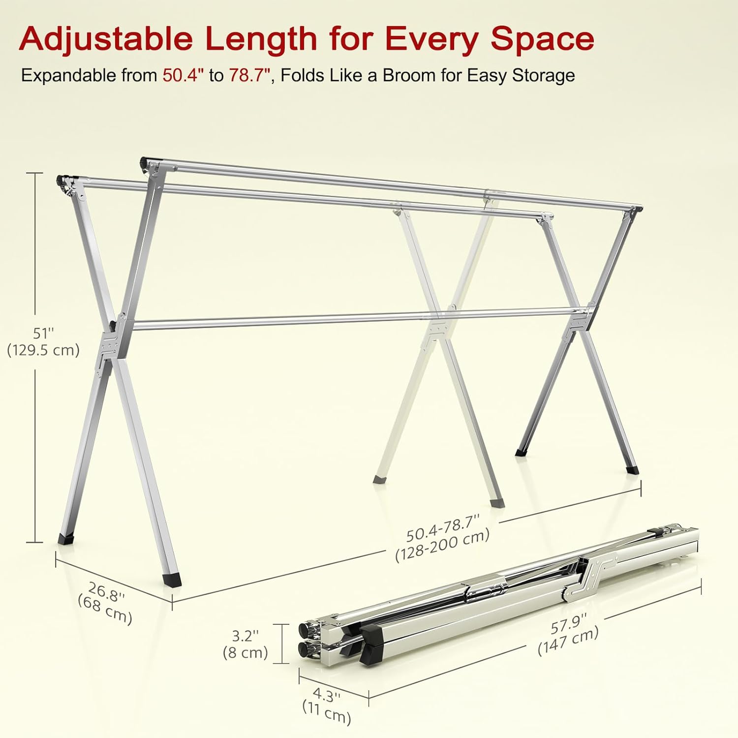 Clothes Drying Rack, Heavy-Duty Folding Laundry Drying Rack for Indoor Outdoor Use, 50.4-78.7